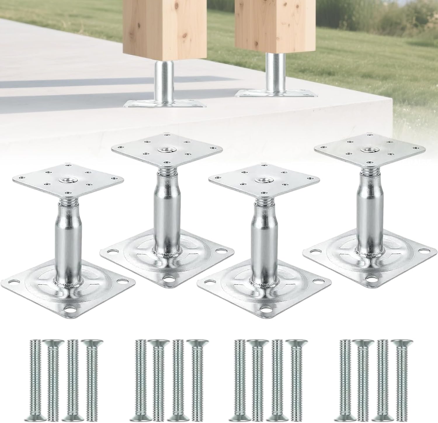 Ein Set Aus 4 Pfostenstützen – Höhenverstellbar (100 Bis 150 Mm) – Verzinkter Gewindepfostenfuß – Gewindefüße – Stützfuß Geeignet Für Zäune Und Vordächer