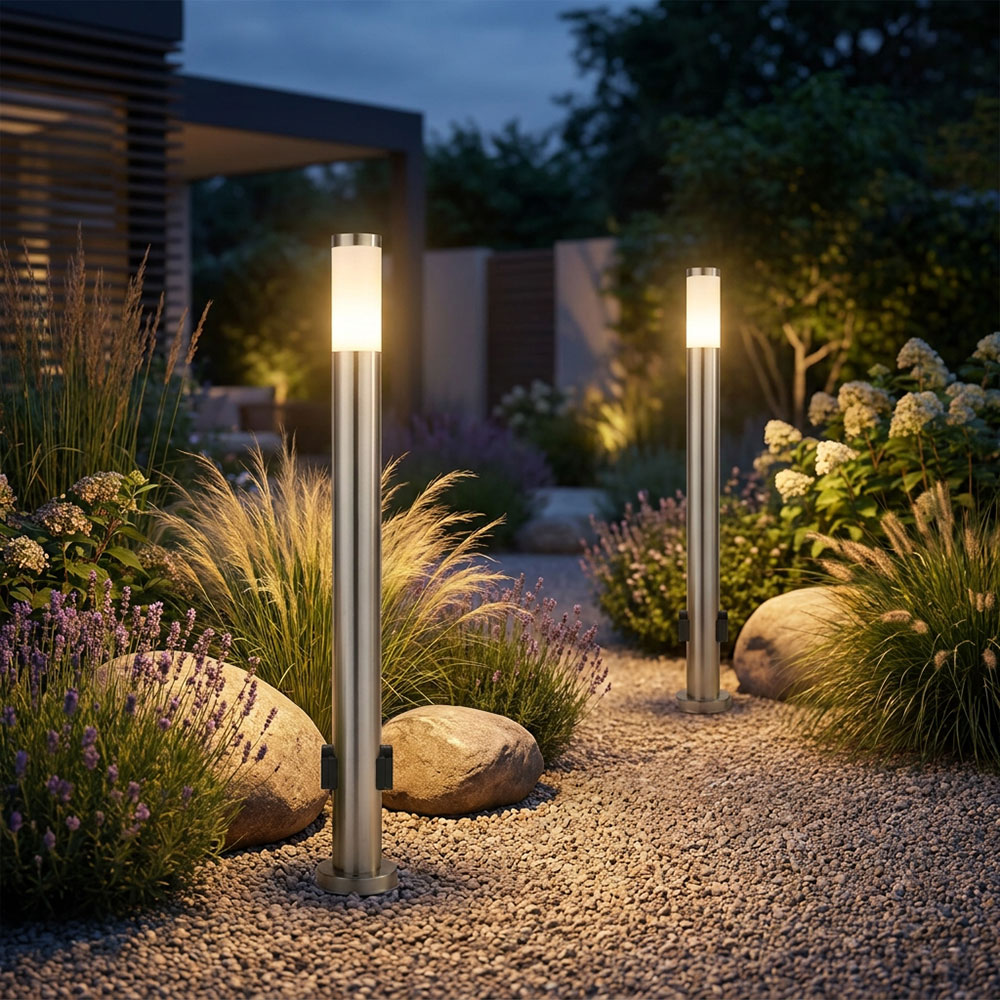 2x Led Außenleuchte Stehlampe Gartenleuchte Steckdose Silber Edelstahl H 110 Cm