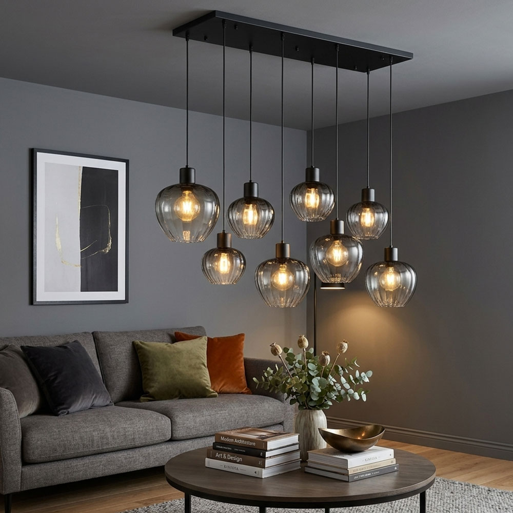 Led Pendelleuchte Hängelampe Esszimmerlampe 8-flammig Glas Rauchfarben H 120 Cm