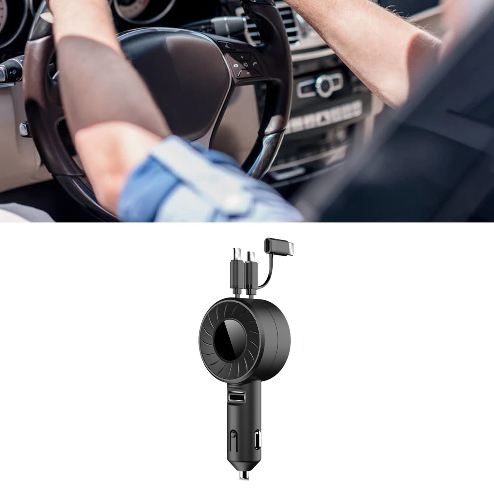3-in-1 Ausziehbarer Usb-kfz-ladeadapter, 150 Cm, Tragbarer Kfz-zigarettenanzünder Aus Kunststoff, Schwarz