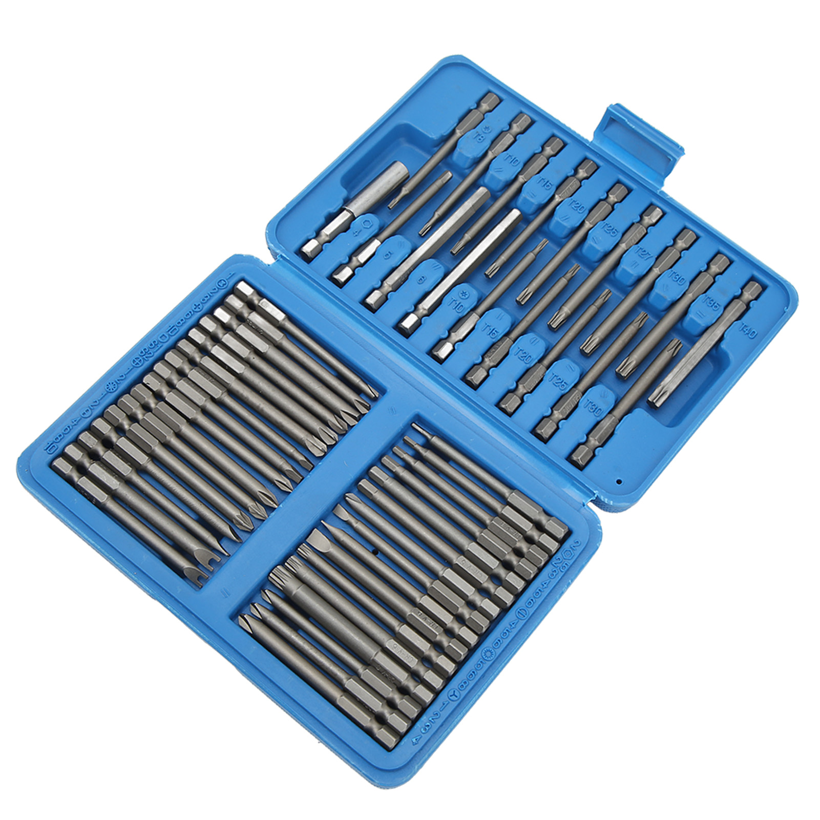 Set Mit 50 Extra Langen Schraubendreherbits, Vierkant-, Flach-, Sechskant-, Riffel-, Torx- Und Kupplungsformen, Verschiedene Größen, Sicherheit, Robuster Stahl.