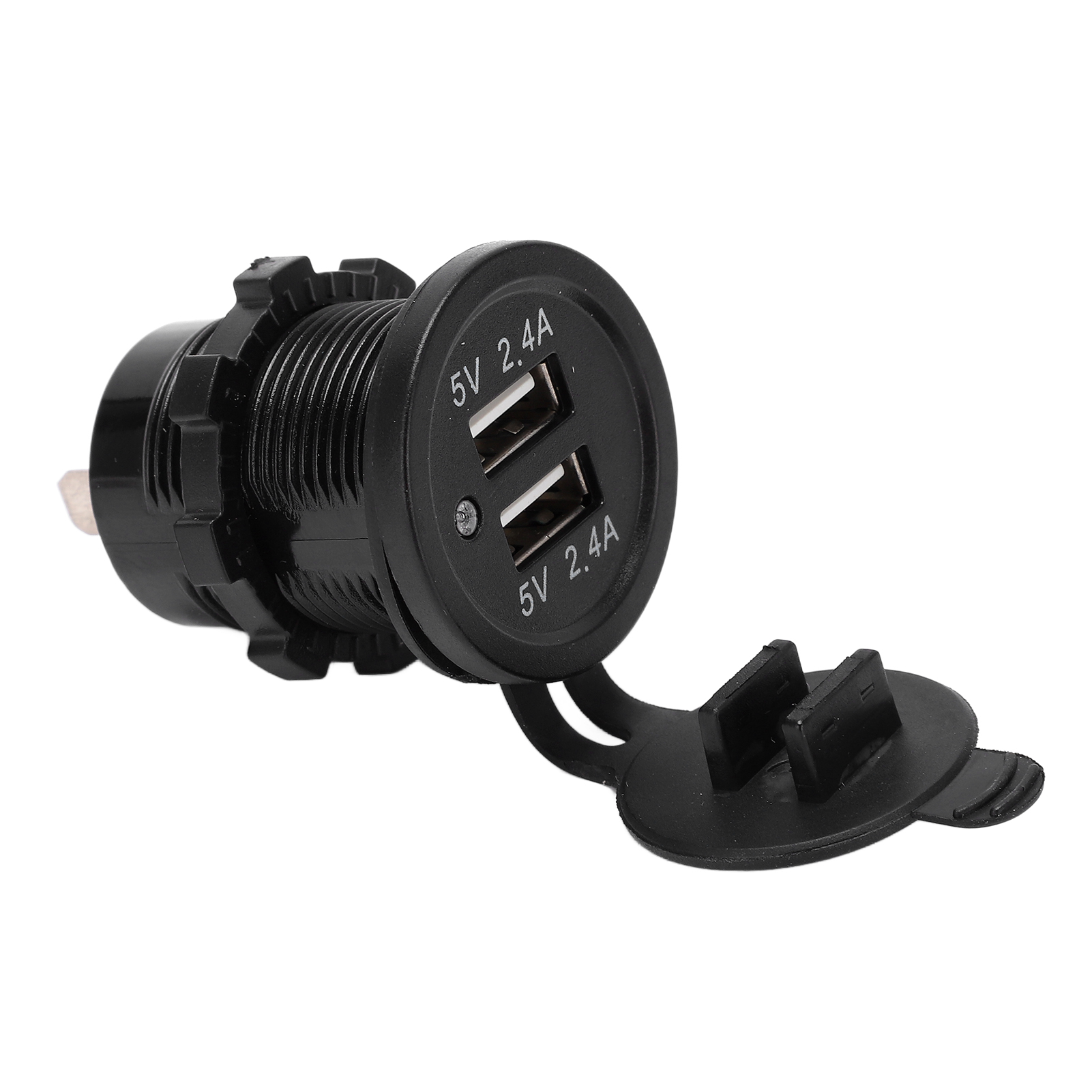 Dual-port-usb-kfz-ladegerät 2,4 A, 1 Eingang, 2 Ausgänge, Wasserdicht, Mattschwarz, Hintergrundbeleuchtet