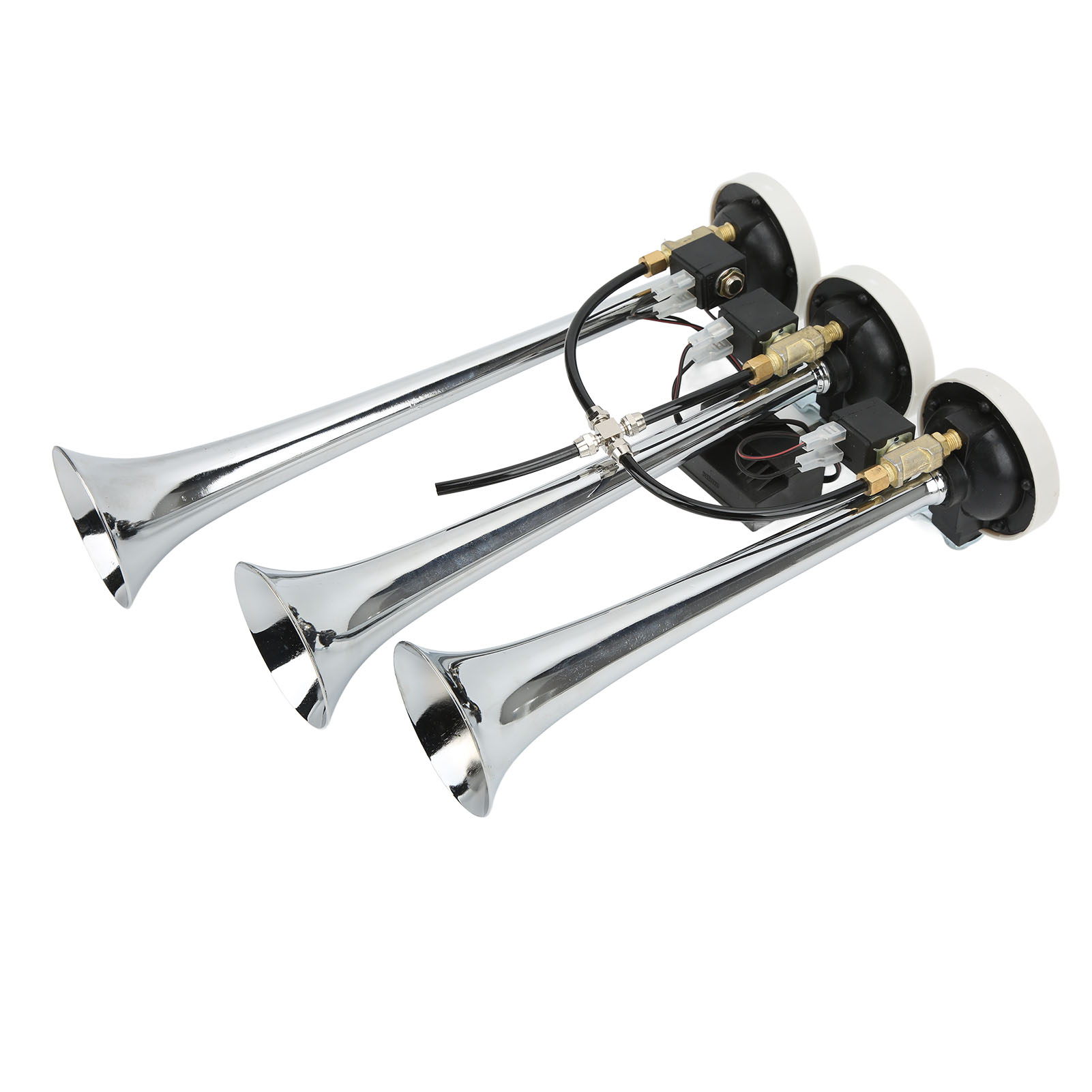 Dreiteiliges Trompetenhorn Mit 6 Melodien, Verchromt, 305/342/385 X 79 Mm, 12 V/24 V, Für Auto, Lkw, Boot