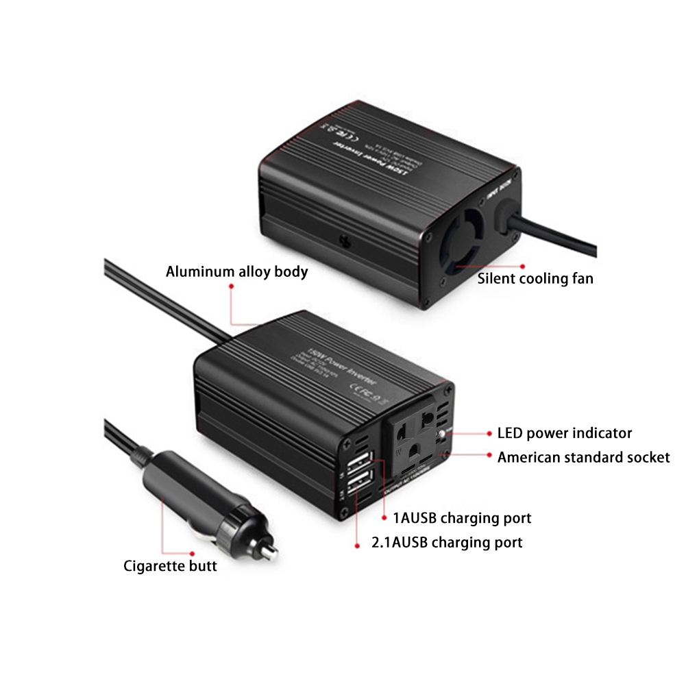 12v Auf 220v 150w Wechselrichter Mit Zwei Usb-anschlüssen, Kfz-ladegerät, Zigarettenanzünderadapter, Eu-wechselrichter