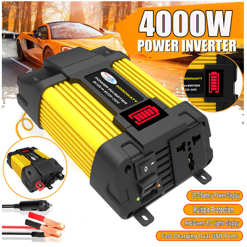 4000-w-wechselrichter-ladegerät (12–220 V) Mit 2 Usb-anschlüssen, Echtzeit-led-anzeige Und Geräuscharmem Konverter Für Das Auto