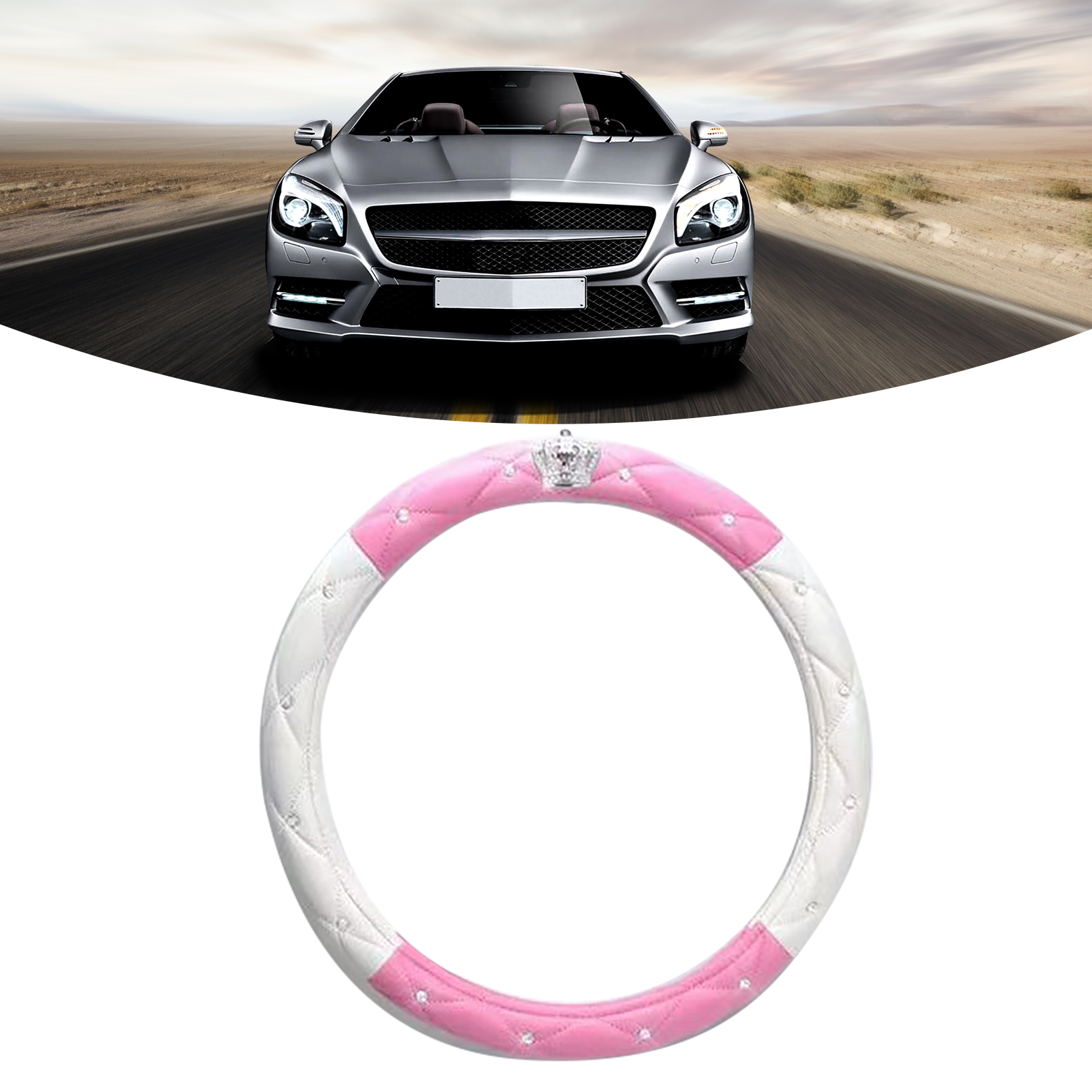 Lenkradbezug Für Damen, Rutschfest, Universell, Aus Pu-leder, Mit Rosa Und Weißen Strasssteinen