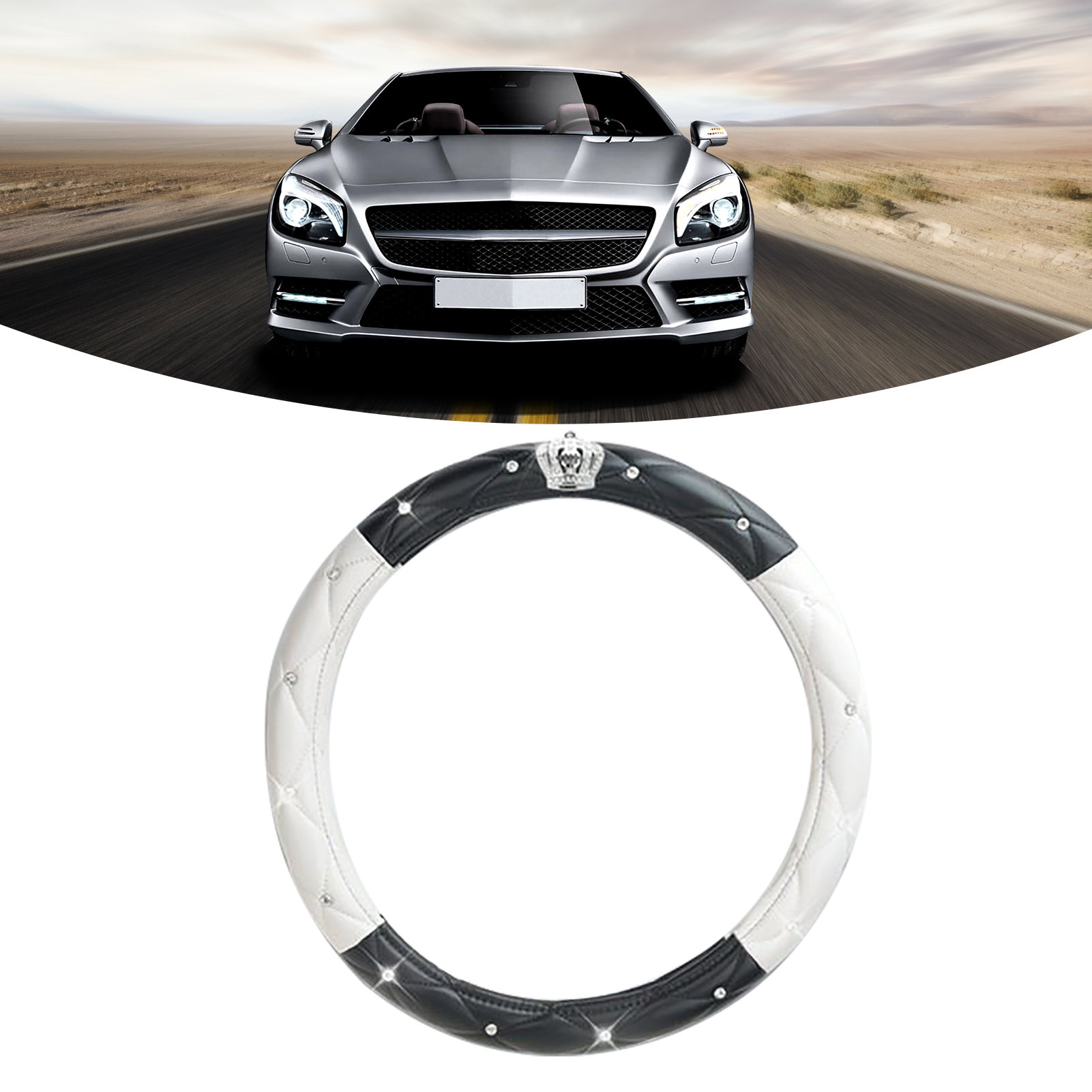 Damen-autolenkradbezug Aus Rutschfestem, Universellem Pu-leder Mit Strasssteinen, Schwarz-weiß, 15 Zoll