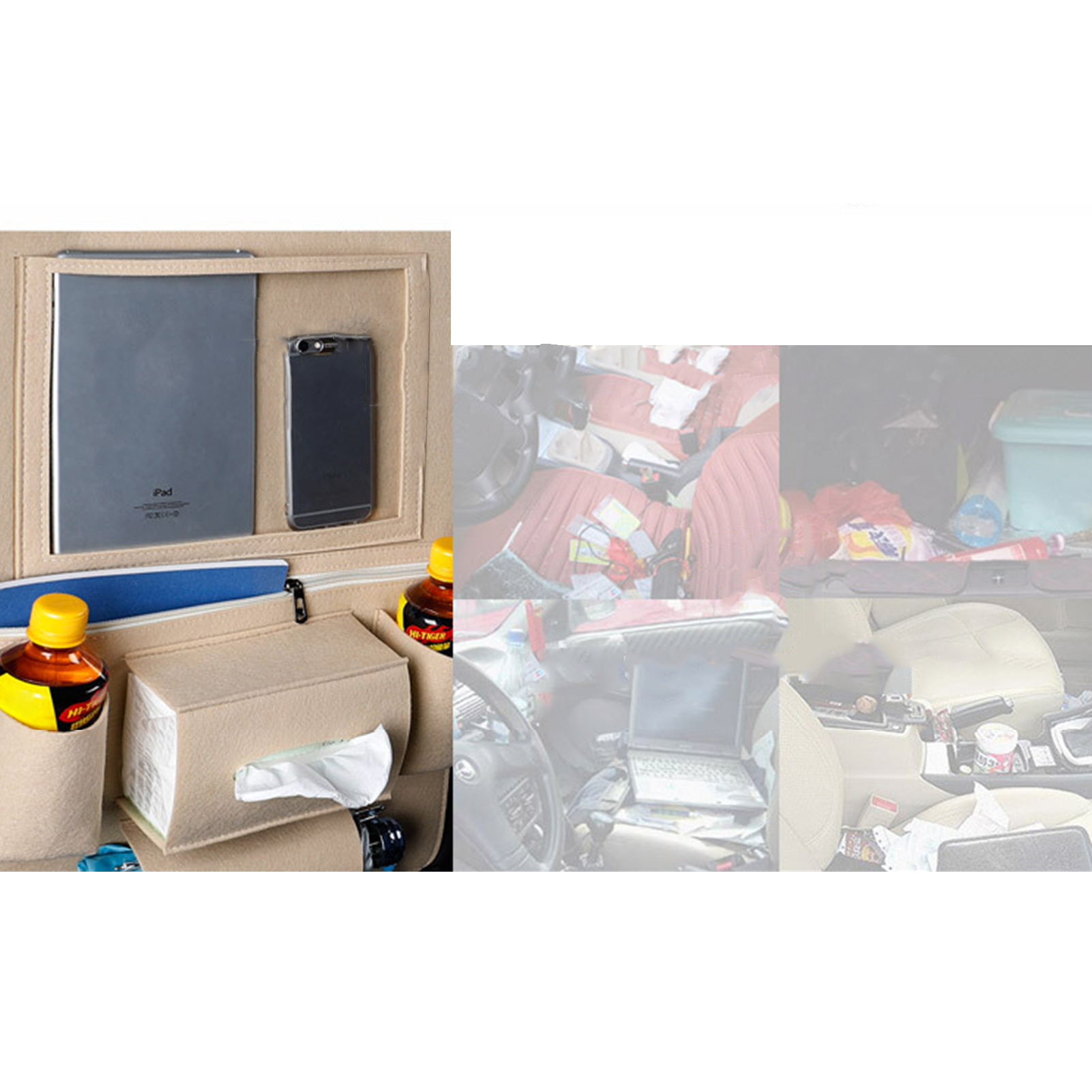 Waschbarer Autositz-organizer Aus Vliesstoff (40 X 55 Cm), Universelle Aufbewahrung Für Flasche, Handy, Taschentücher, Beige