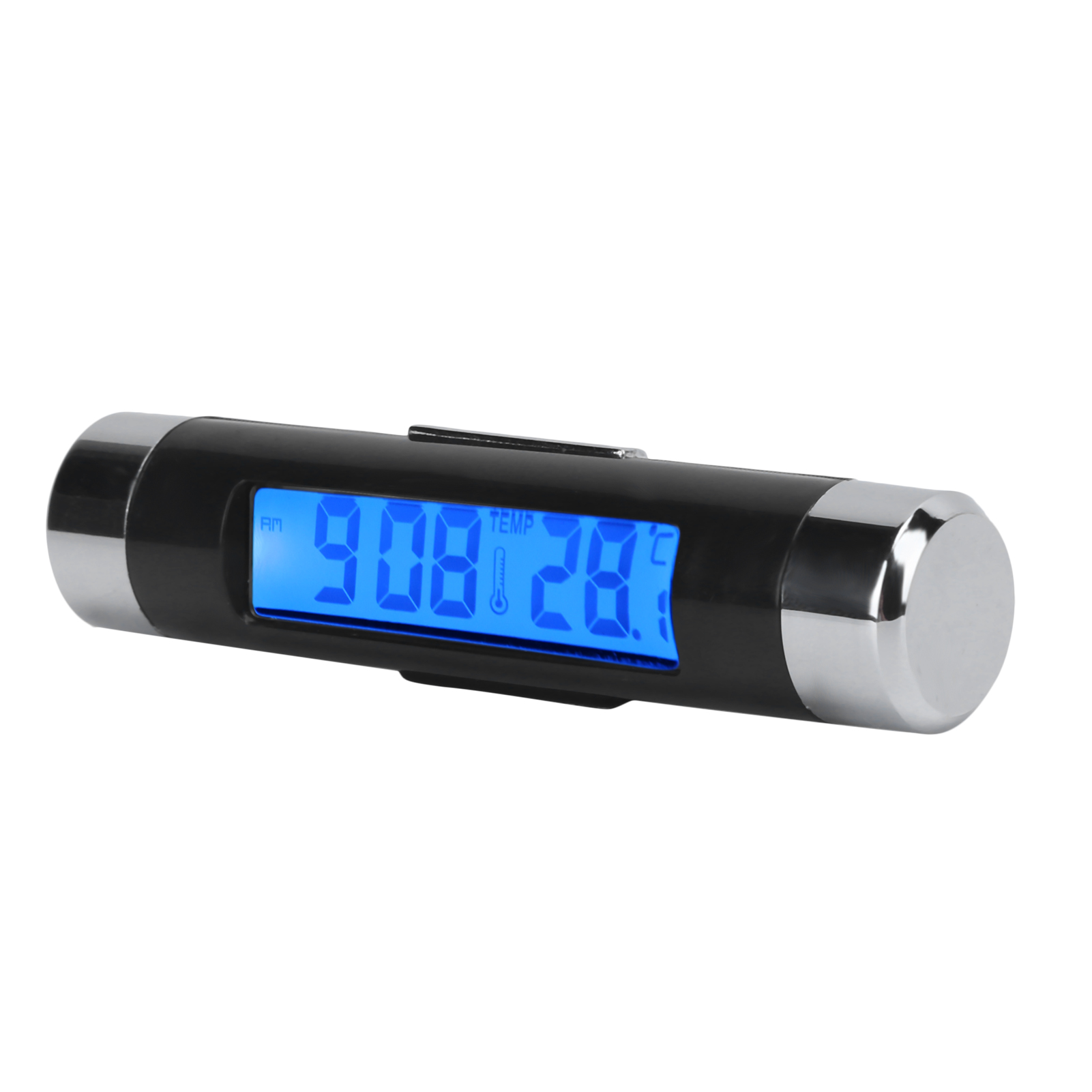 Digitales 2-in-1-autothermometer, Schwarz, Blaue Hintergrundbeleuchtung, Kalender, Armaturenbrettuhr, Temperaturanzeige.