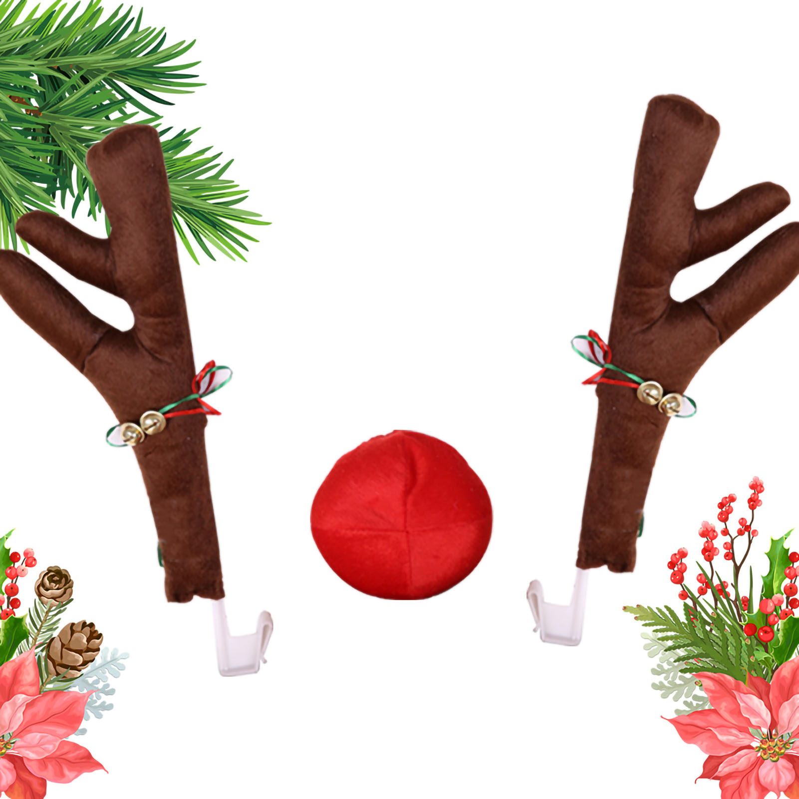 Hirsch-autodekoration Mit Nase Und Glöckchen, Lustige Weihnachtsdekoration, Braun, 2-teiliges Set Für Rückspiegel Und Kühlergrill