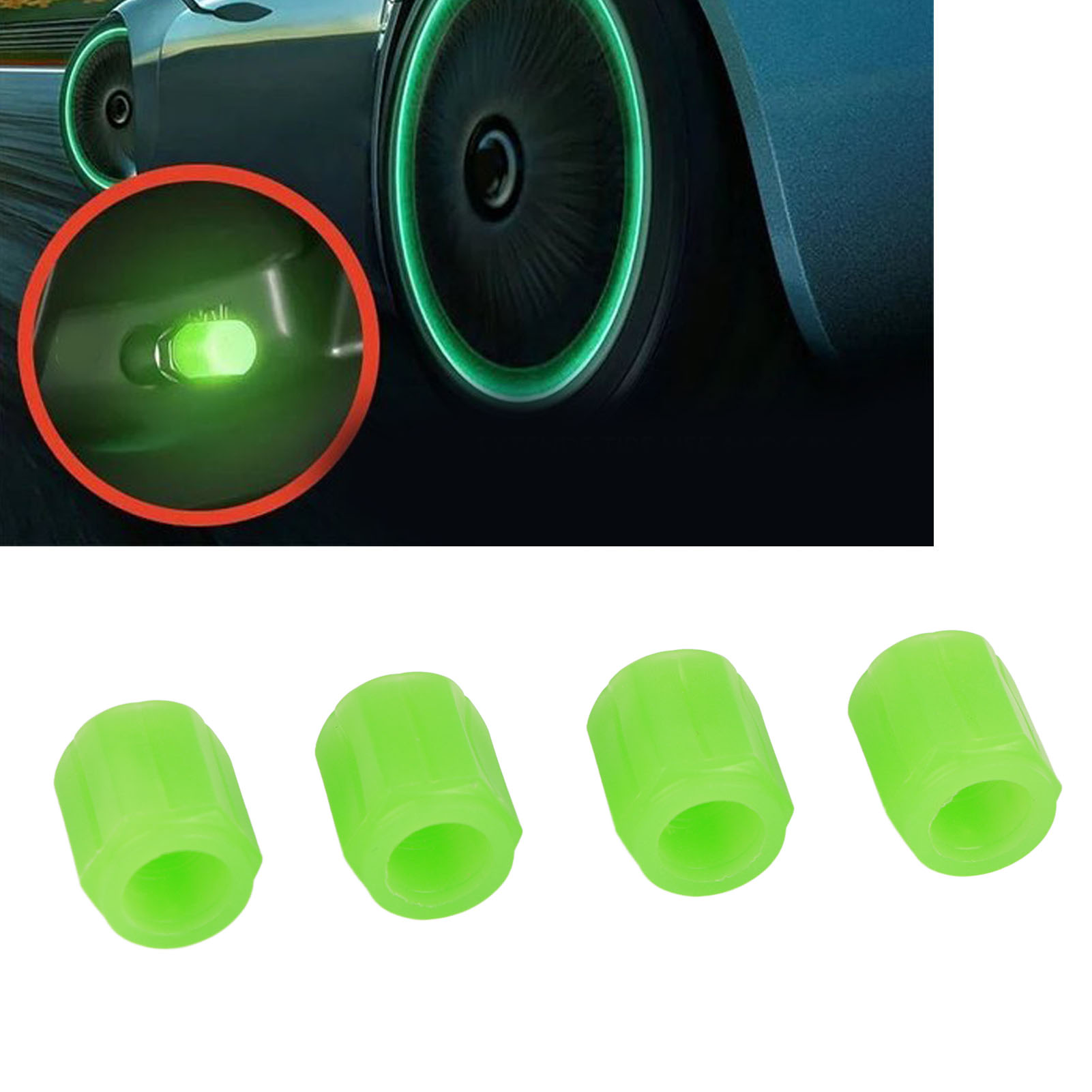 4 Fluoreszierende Grüne Reifenventilkappen, Die Im Dunkeln Leuchten, Radventilkappen Für Auto Und Motorrad, 4-teiliges Set, Phosphoreszierend.