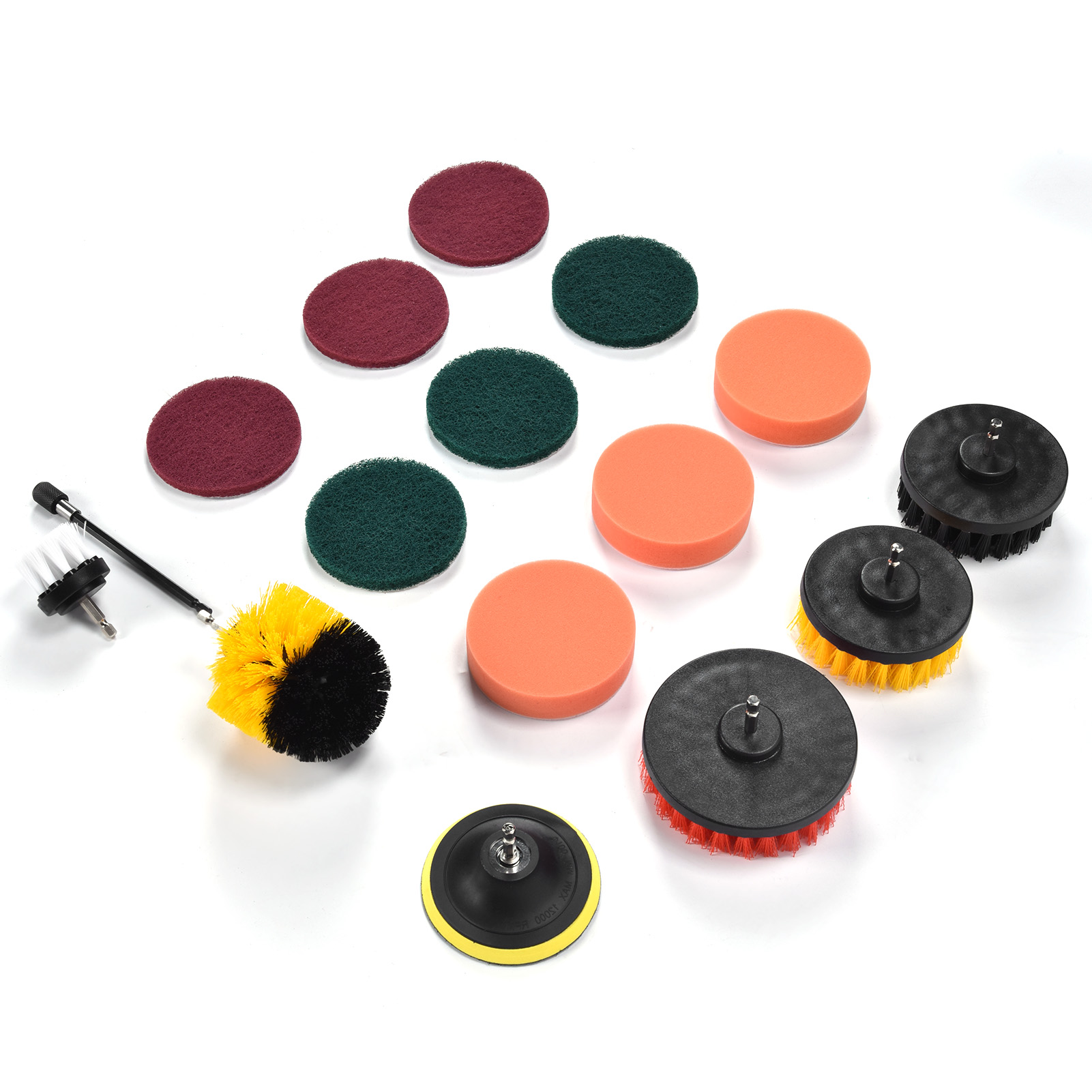 Set Aus 16 Bohrbürsten, Schleifschwämmen Und Reinigungspads Für Wände, Böden Und Staubentfernung, Kompatibles Bohrzubehör.