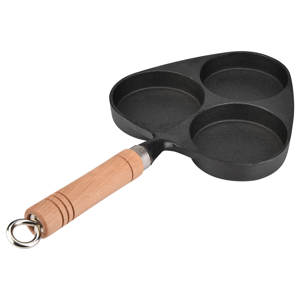 Gusseiserne Pfanne Mit 3 Mulden Für Omeletts, Spiegeleier, Burger Und Pfannkuchen, Antihaftbeschichtet, Holzgriff, Für Alle Herdarten Geeignet.