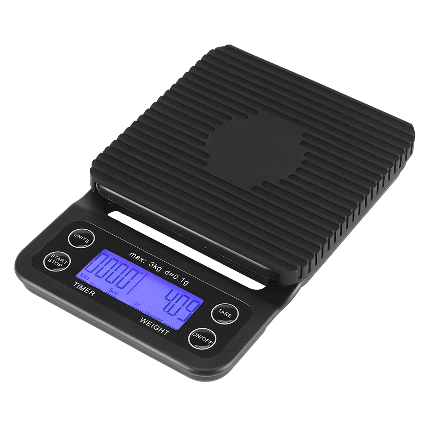Digitale Küchenwaage, 3 Kg Tragkraft, 0,1 G Genauigkeit, Filterkaffeewaage Mit Timer, Blau-violette Hintergrundbeleuchtung, Professionelles Lebensmittelmessgerät
