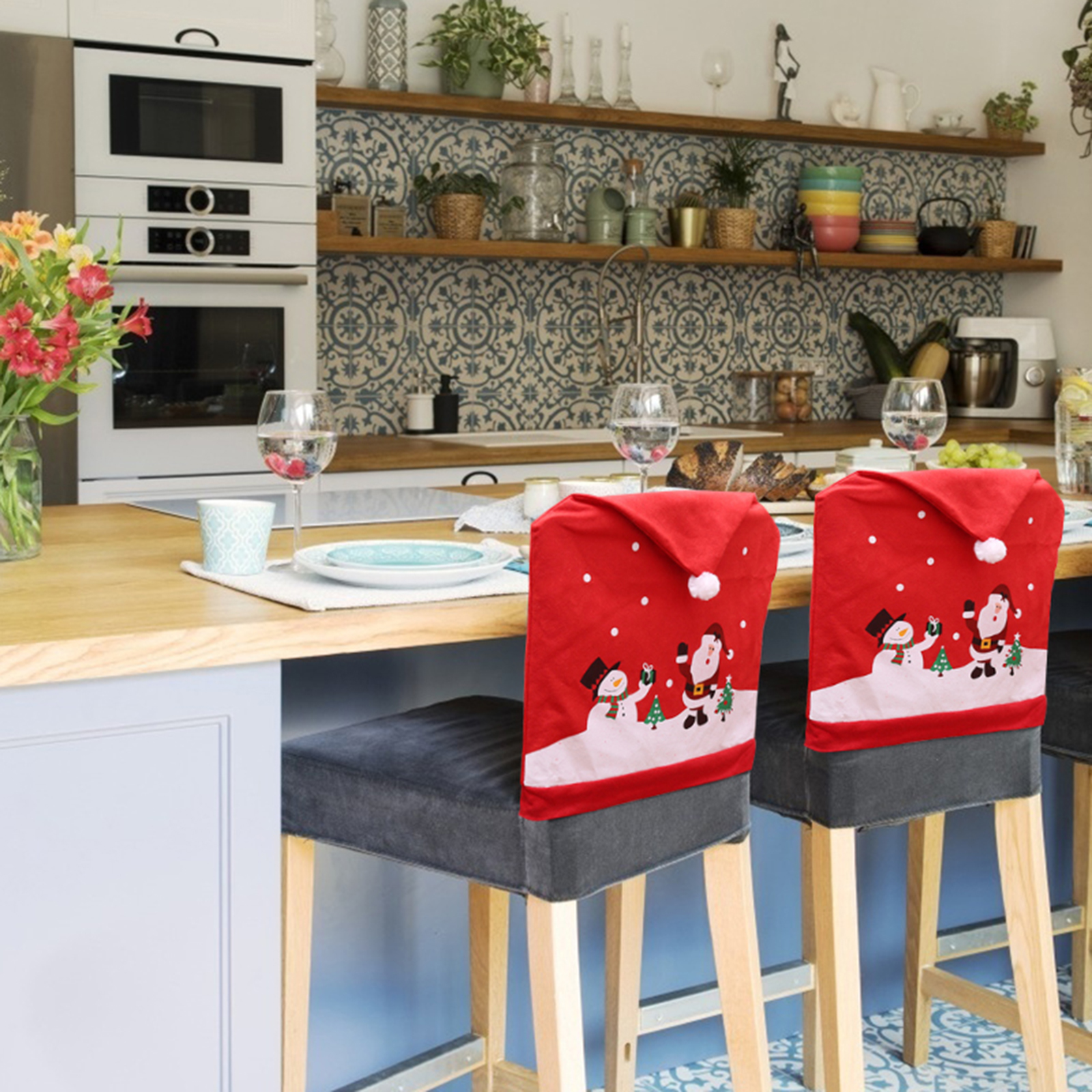 Set Mit 2 Hockern Aus Vliesstoff, Mit Verschneitem Weihnachtsmann-motiv, Niedrige Stühle Für Das Wohnzimmer, Winterdekoration