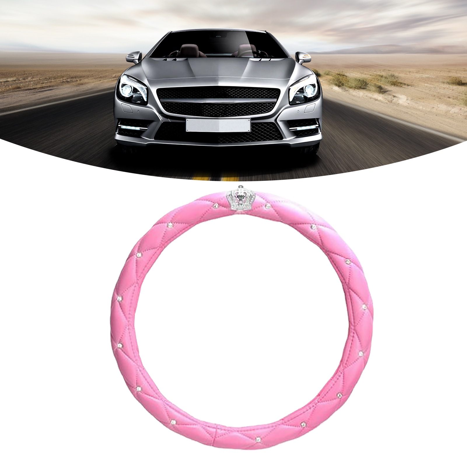 Lenkradbezug Für Damen, Rutschfest, Universell, Aus Pu-leder, Mit Pinkfarbenen Strasssteinen, Niedlicher Lenkradbezug