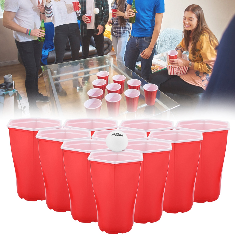 Set Mit 18 Roten Hexcup-bechern Für Beer Pong, Ein Festliches Partyspiel Wiederverwendbare, Robuste Plastikbecher Für Partys Und Getränke Mit Freunden.