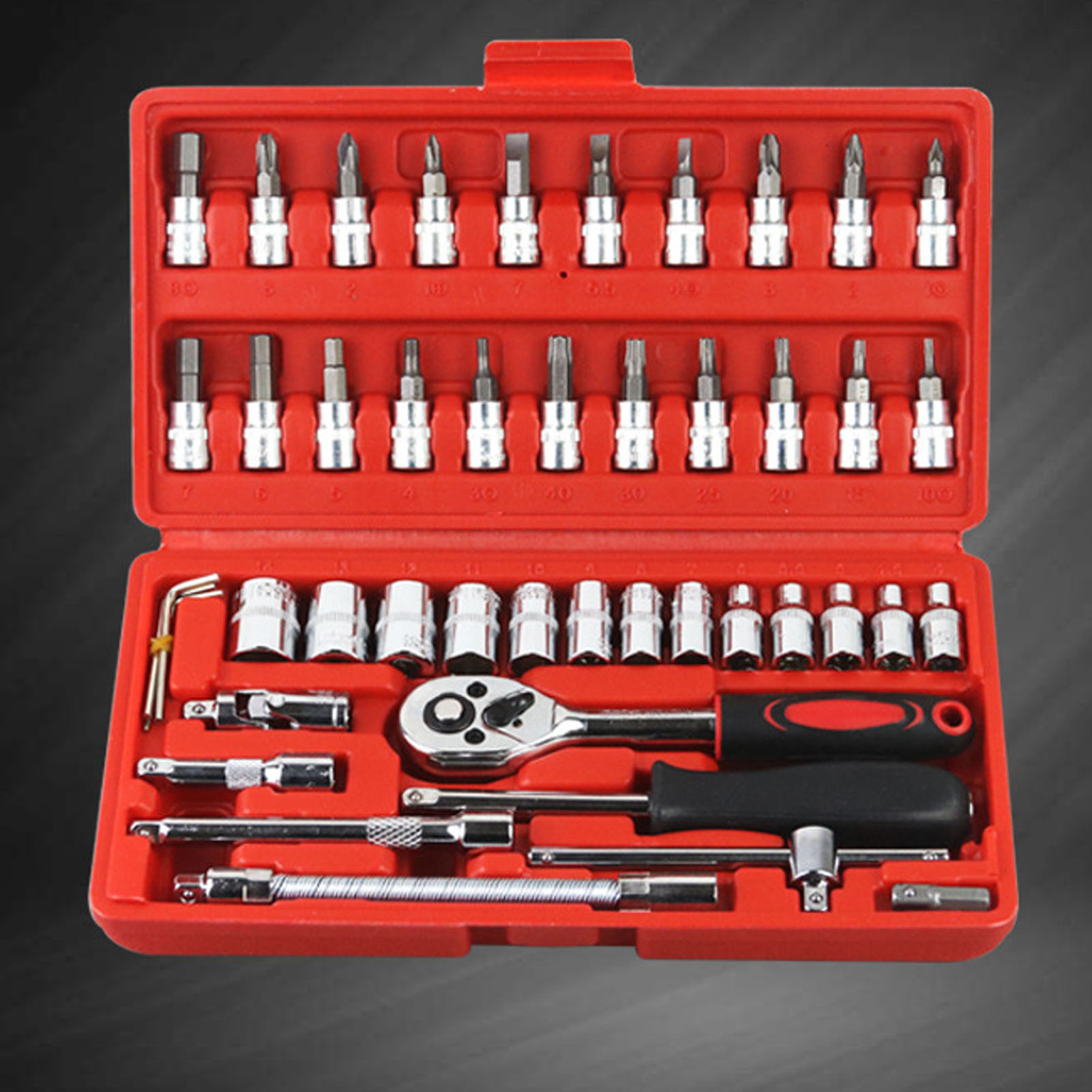 46-teiliger Ratschen-steckschlüsselsatz Mit Ratschenschlüssel, Drehgriff, Adapter Und Schraubendreher, Kfz-reparaturwerkzeug, Komplettes Metrisches Set.