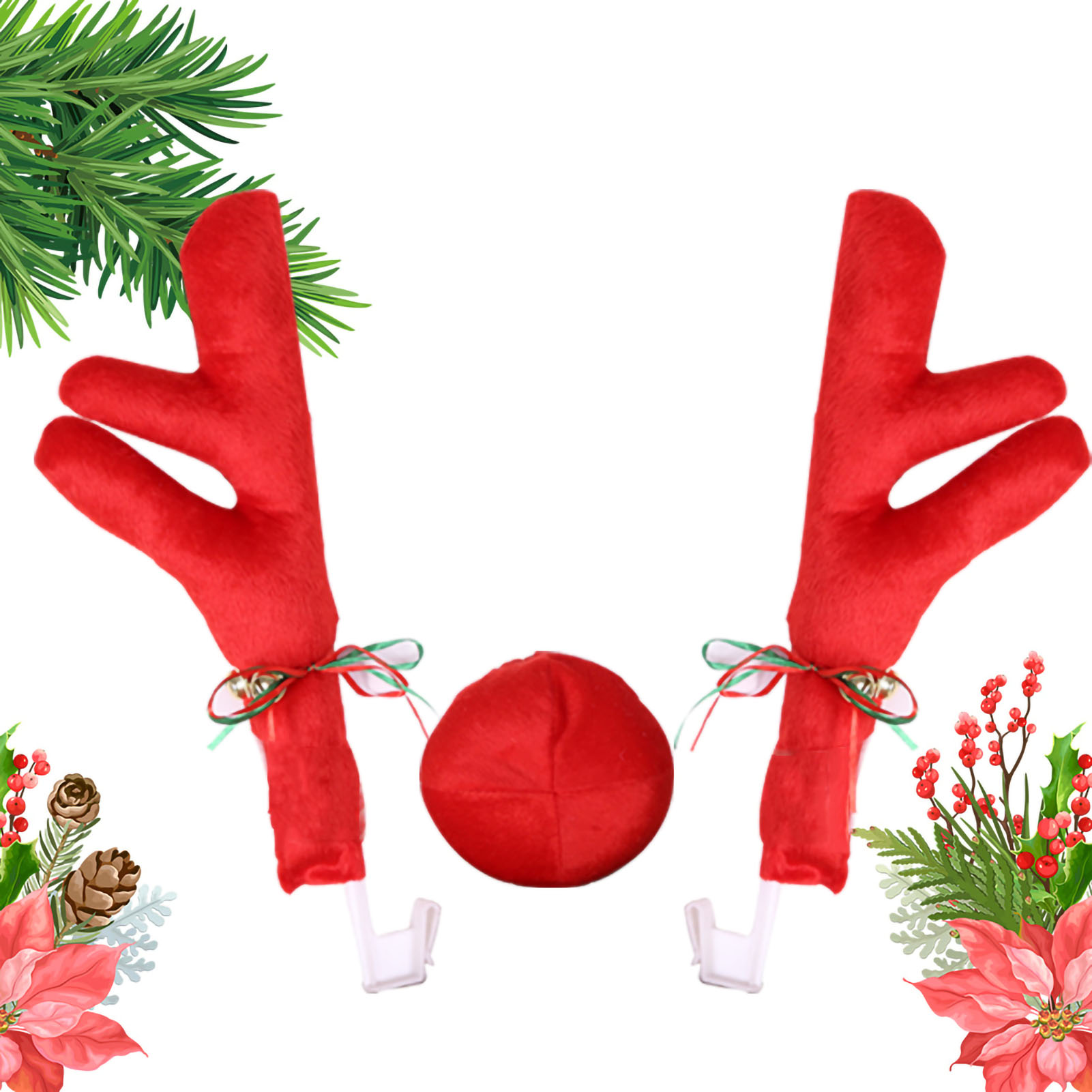 Rentiergeweih Und Rote Nase Als Weihnachtsdekoration Fürs Auto, Lustiges Set Mit Glöckchen, Roter Autoschmuck, Festliches Accessoire