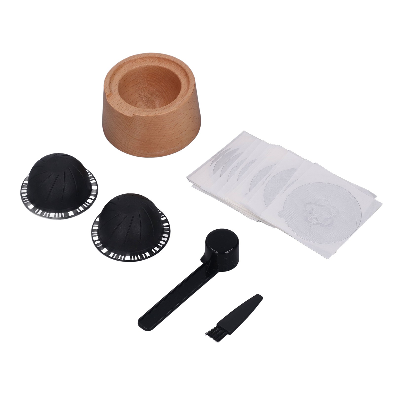 Kaffeekapsel-filterbecher-set, Schwarz, Mit Buchenholzhalter, Aluminiumfolie, Löffel Und Bürste, 230 Ml, Wiederverwendbarer Kaffeepulverfüller