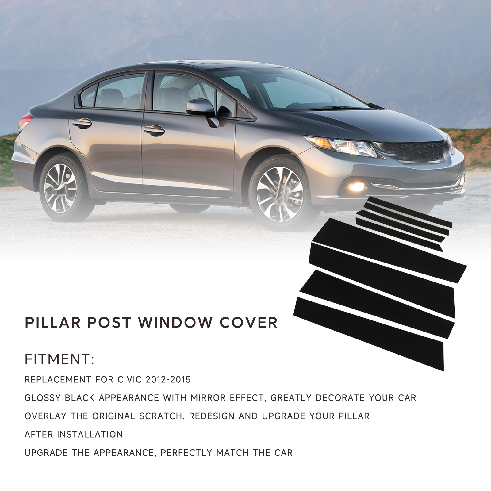 8-teiliges Set Aus Glänzend Schwarzen, Glänzenden Pc-fensterabdeckungen Für Die B-säulen, Passend Für Honda Civic 2012–2015
