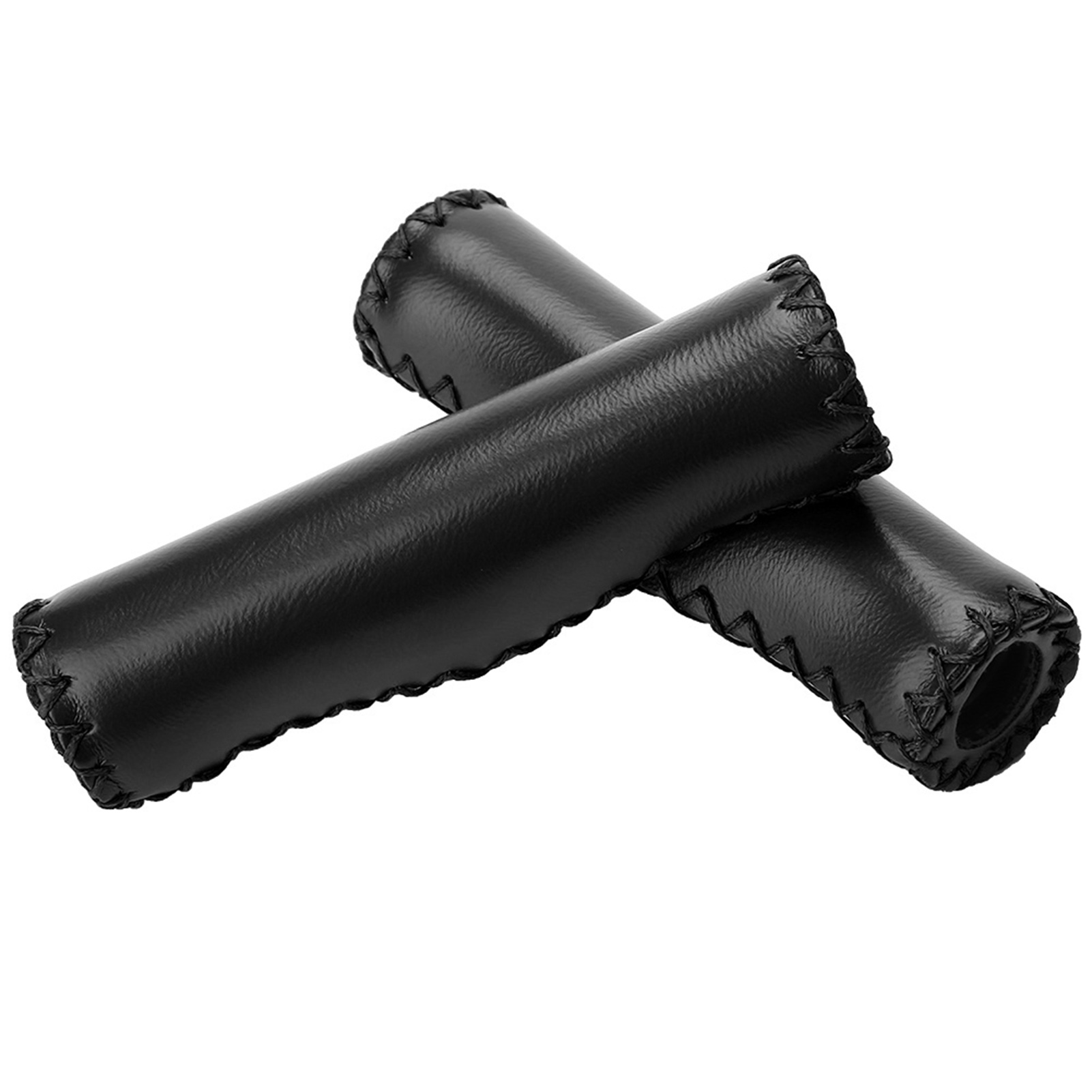 Paire De Poignées De Guidon De Vélo En Pu Cousues À La Main Avec Bouchon (noir)