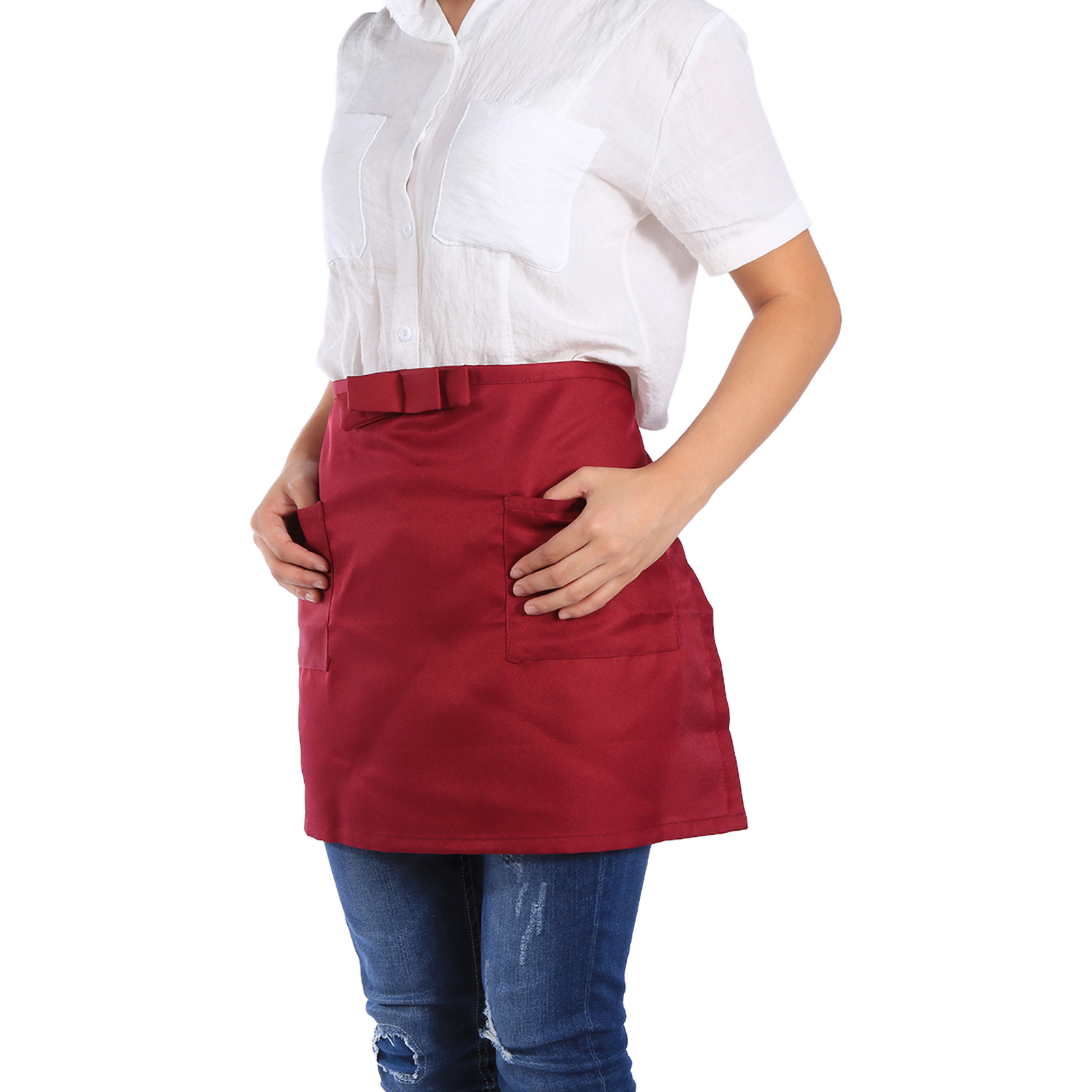 Kurze, Halblange Schürze Mit Zwei Taschen Für Cafés, Restaurants, Kellner, Kellnerinnen, Bars, Kneipen, Bordeauxrot