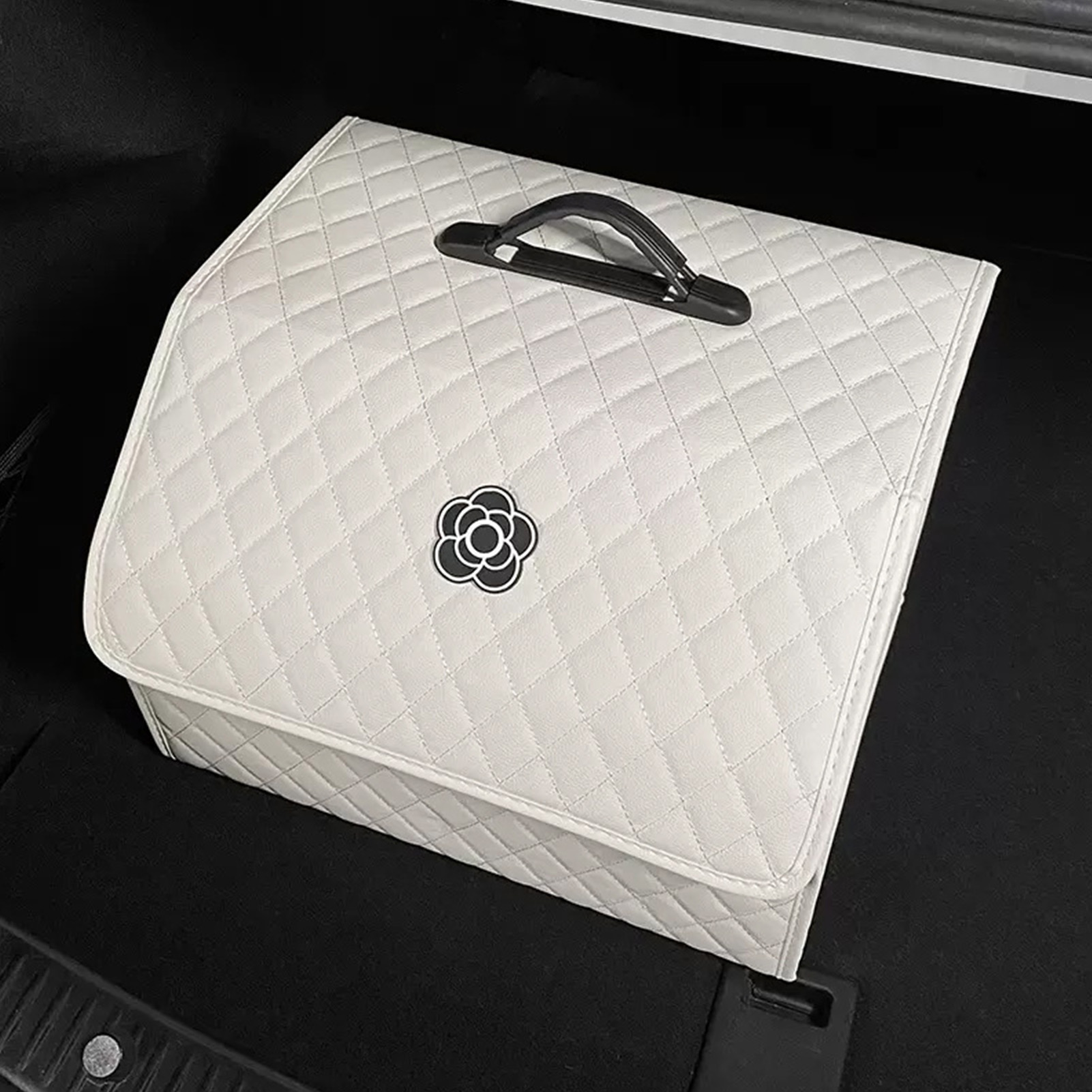 Multifunktionale Kofferraum-organizerbox Mit Großem Fassungsvermögen, Tragbare Aufbewahrungsbox Aus Pu-leder Mit Deckel, Weiß – Größe Xl