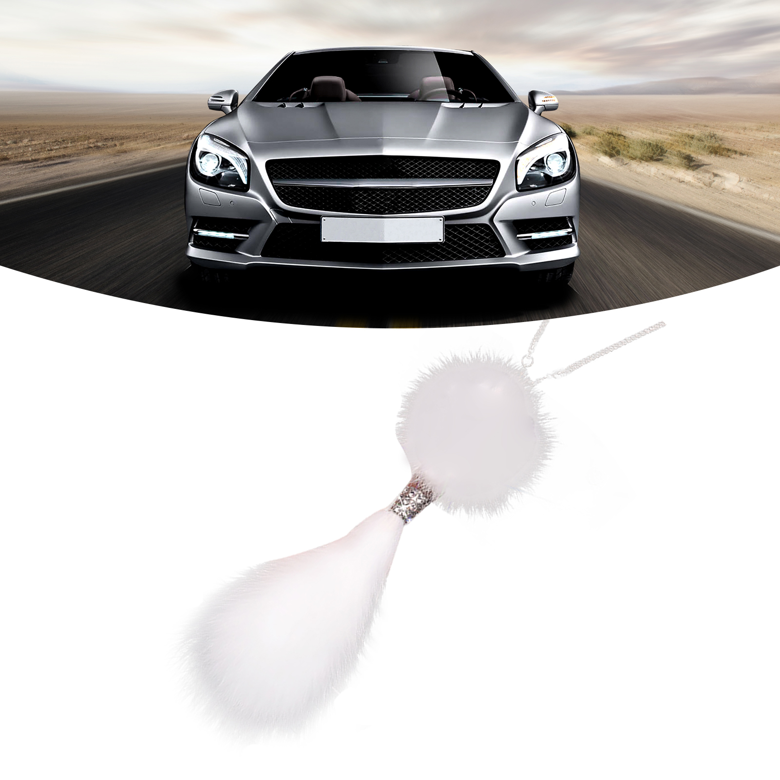 Glücksauto-pompon-strass-robust-metall-niedlicher-tier-kunstfell-schwanenschwanz-rückspiegel