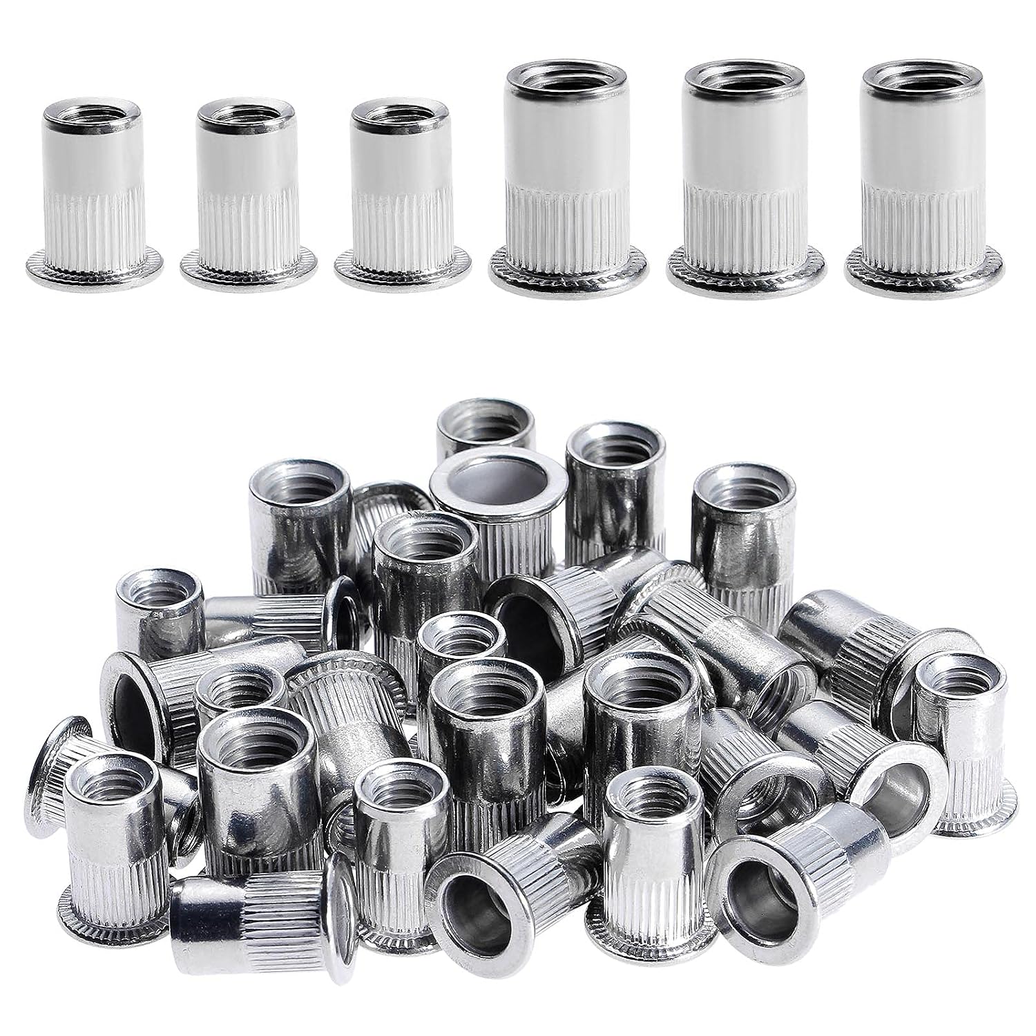 Set Mit 100 Edelstahl-nietmuttern (m6 Und M8) Mit Flachkopf Für Holzmöbel. Enthält Je 50 Muttern Der Größen M6 Und M8.