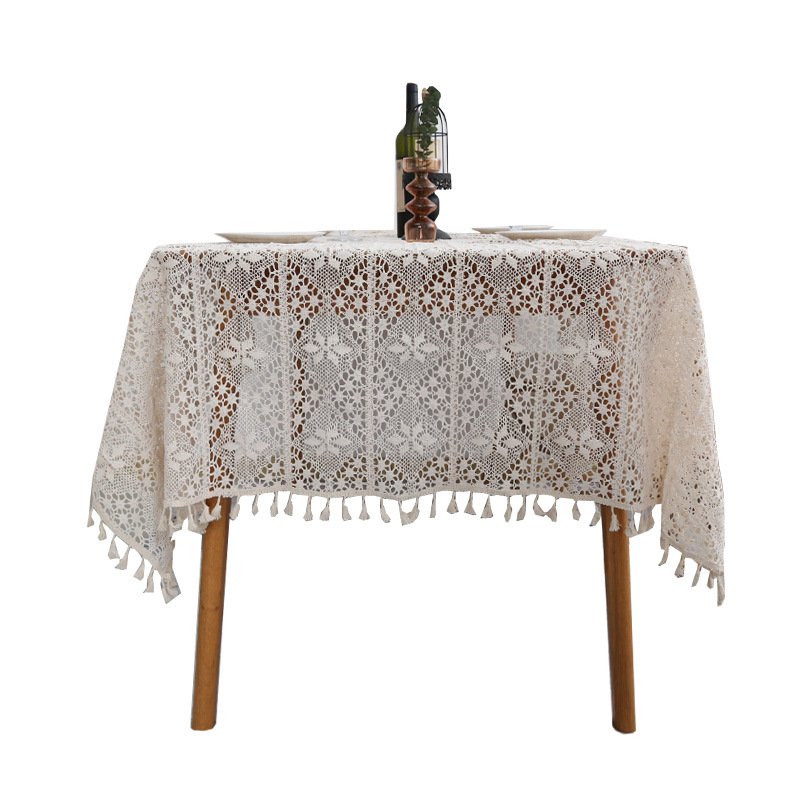 Rustikale, Gehäkelte Baumwolltischdecke Mit Durchbrochenen Quasten, Beige – 140 X 140 Cm