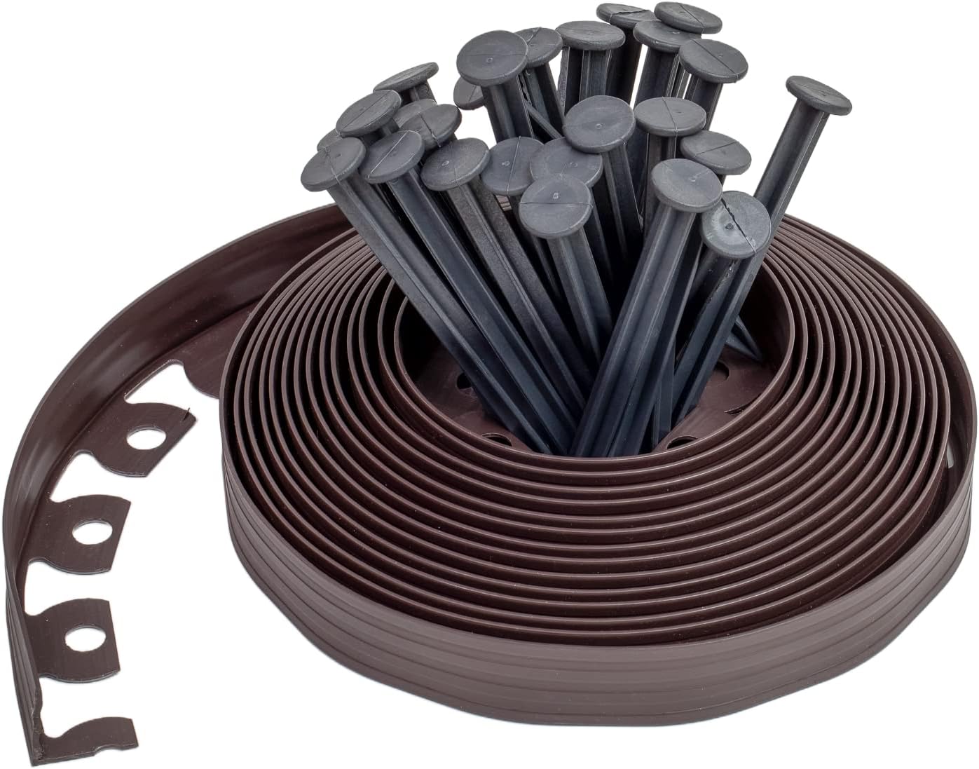 10 Meter Lange, Flexible Garteneinfassung Aus Kunststoff Mit 30 Befestigungspfählen, 50 Mm Hoch, 3 Mm Dick, Braune Einfassung