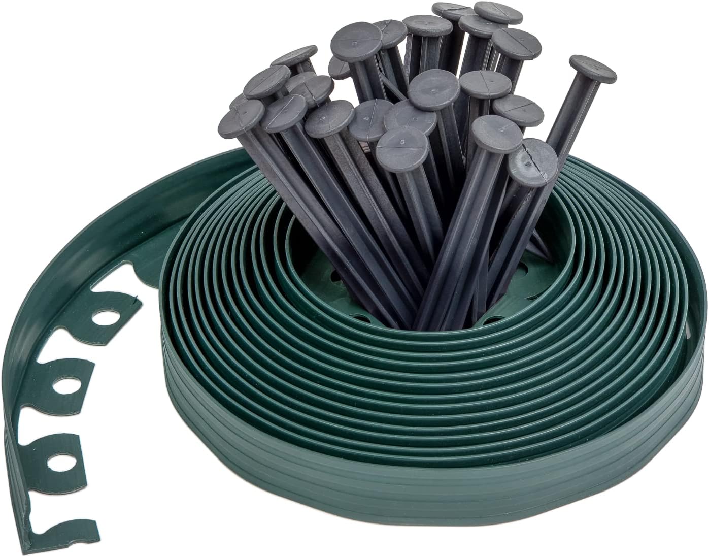 10 Meter Lange Kunststoff-gartenkante Mit 30 Befestigungspfählen. Flexible Rasenkante. Stabile Pfähle. Ideal Für Den Garten. Höhe: 50 Mm, Dicke: 3 Mm. Farbe: Dunkelgrün.