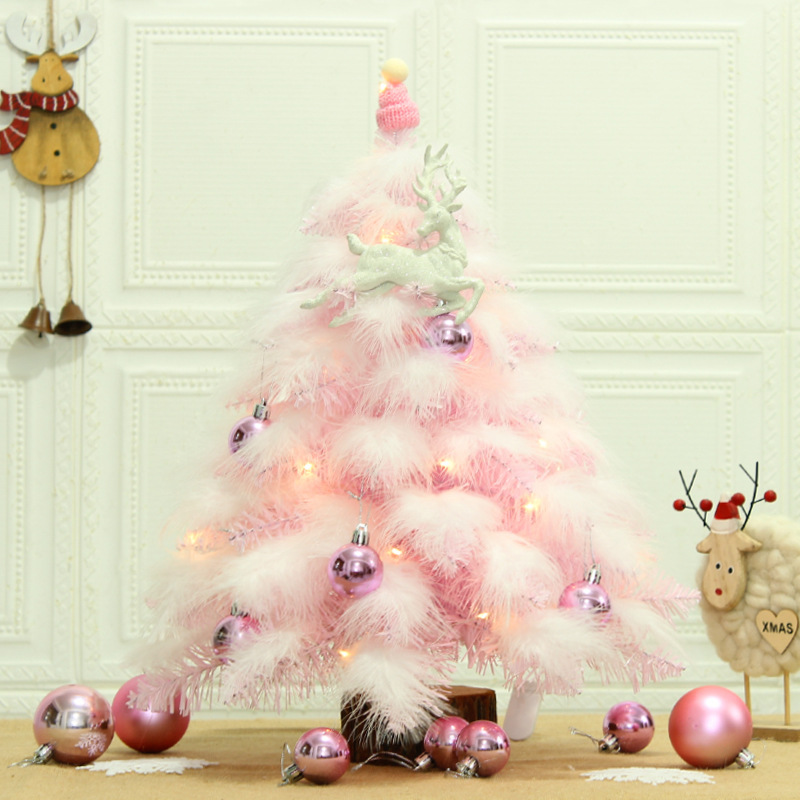 Miniatur-weihnachtsbaum In Rosa, Künstlich, 45 Cm, Mit Led-lichtern Und Glitzerkugeln Für Weihnachts- Und Hochzeitsdekoration (rosa Federn)