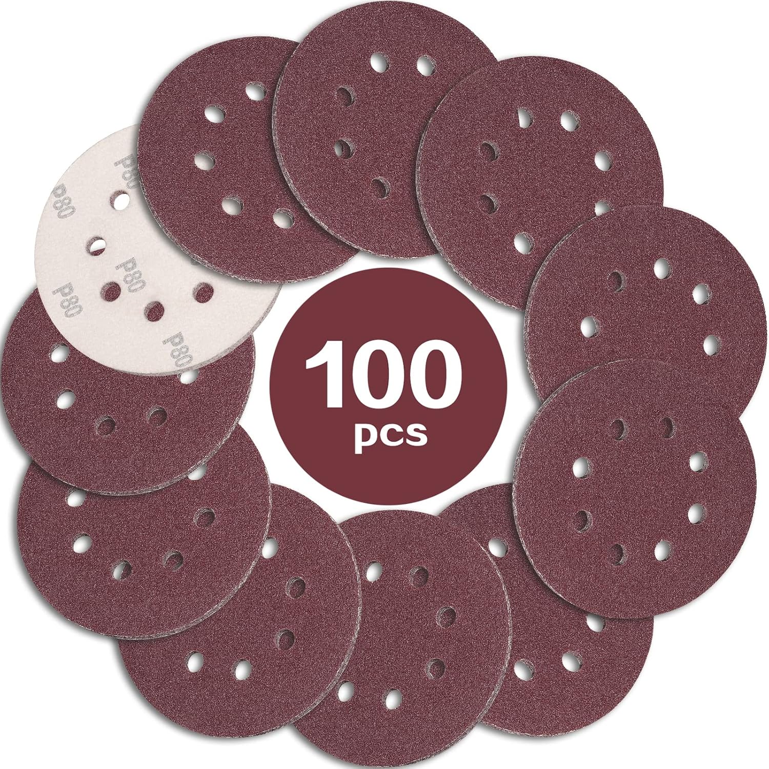 Ineasicer 100er-packung 125-mm-schleifscheiben, Körnung 80, Schleifpapier, 8 Löcher, Ideal Zum Schleifen/polieren Mit Exzenterschleifern