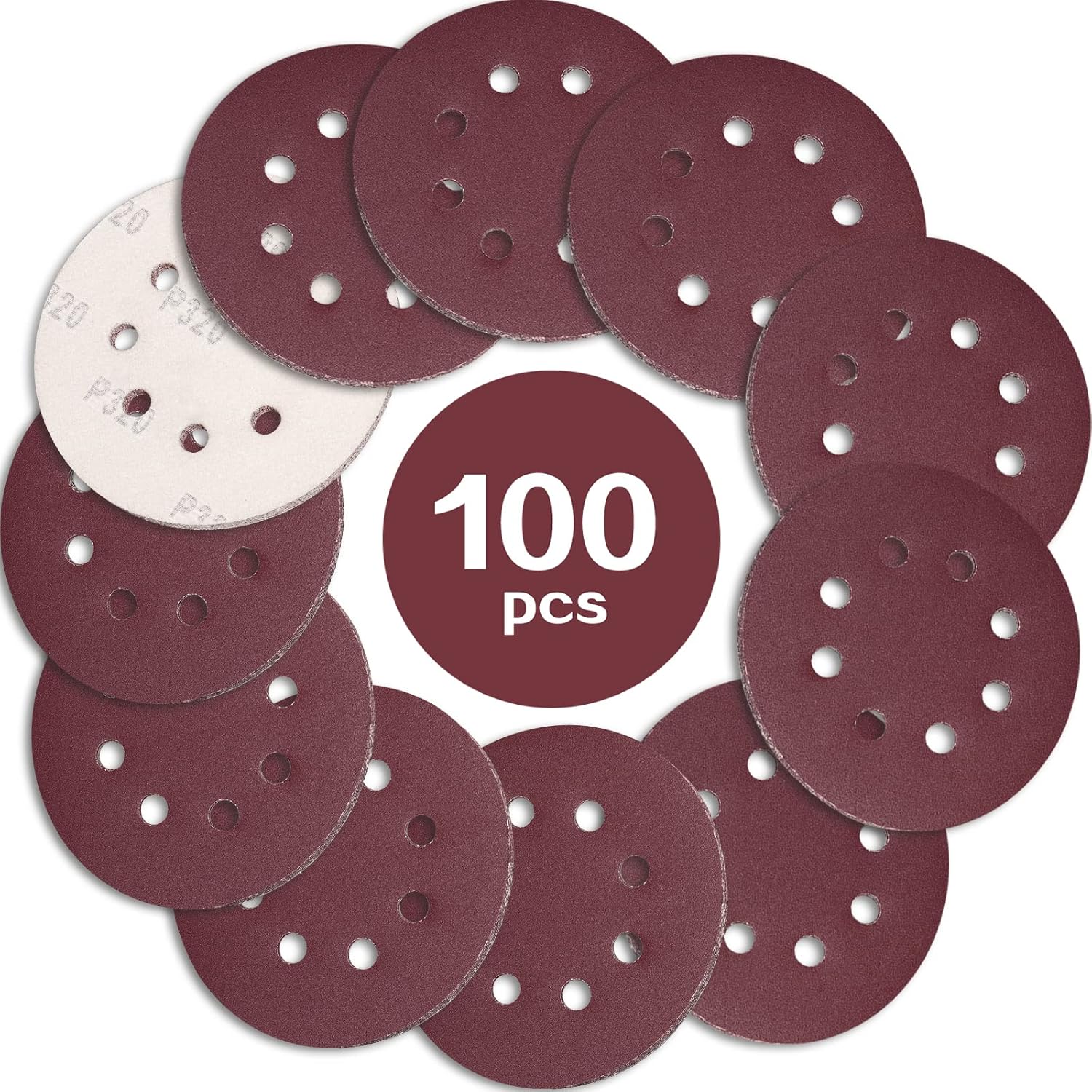 Ineasicer Packung Mit 100 125mm Schleifscheiben, Körnung 320, 8 Löcher, Schleifmittel, Ideal Zum Schleifen Und Polieren Mit Exzenterschleifern.