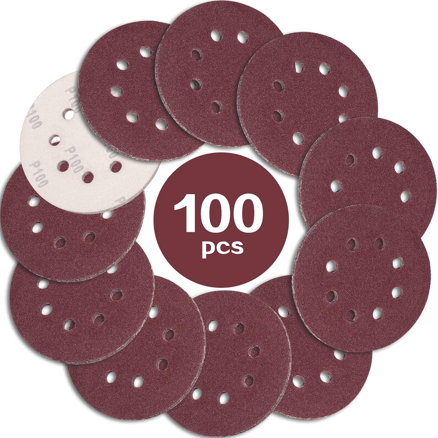 Ineasicer Packung Mit 100 125mm Schleifscheiben, Körnung 100, 8 Löcher, Schleifmittel, Ideal Zum Schleifen Und Polieren Mit Exzenterschleifern.