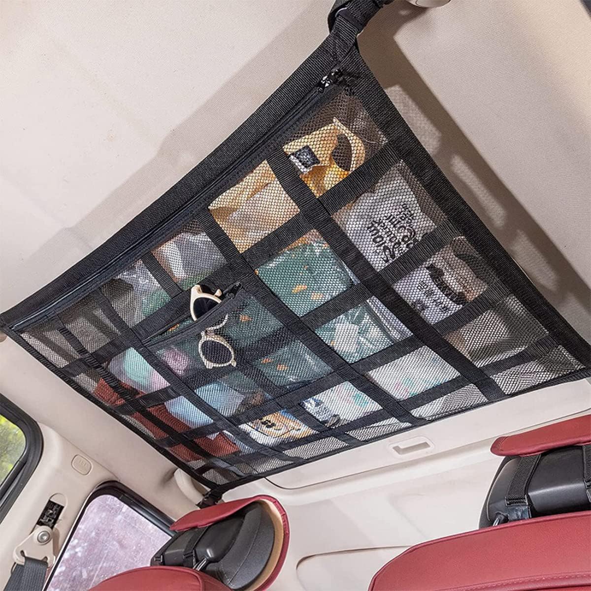 Autodach-aufbewahrungsnetz, Auto-organizer-tasche, Universelle Autodach-netztasche, Elastisches Innenraumnetz, Für Suv-autodach, Schwarz (90 X 65 Cm)