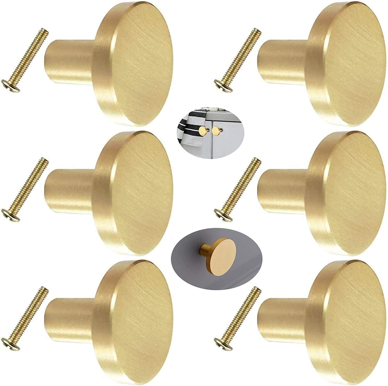 Runder Türgriff Aus Massivem Messing, Set Mit 6 Möbelgriffen, Runder Türknauf Aus Messing Mit Schrauben Für Schranktüren, Kleiderschranktüren Und Kommoden (20 Mm X 28 Mm)