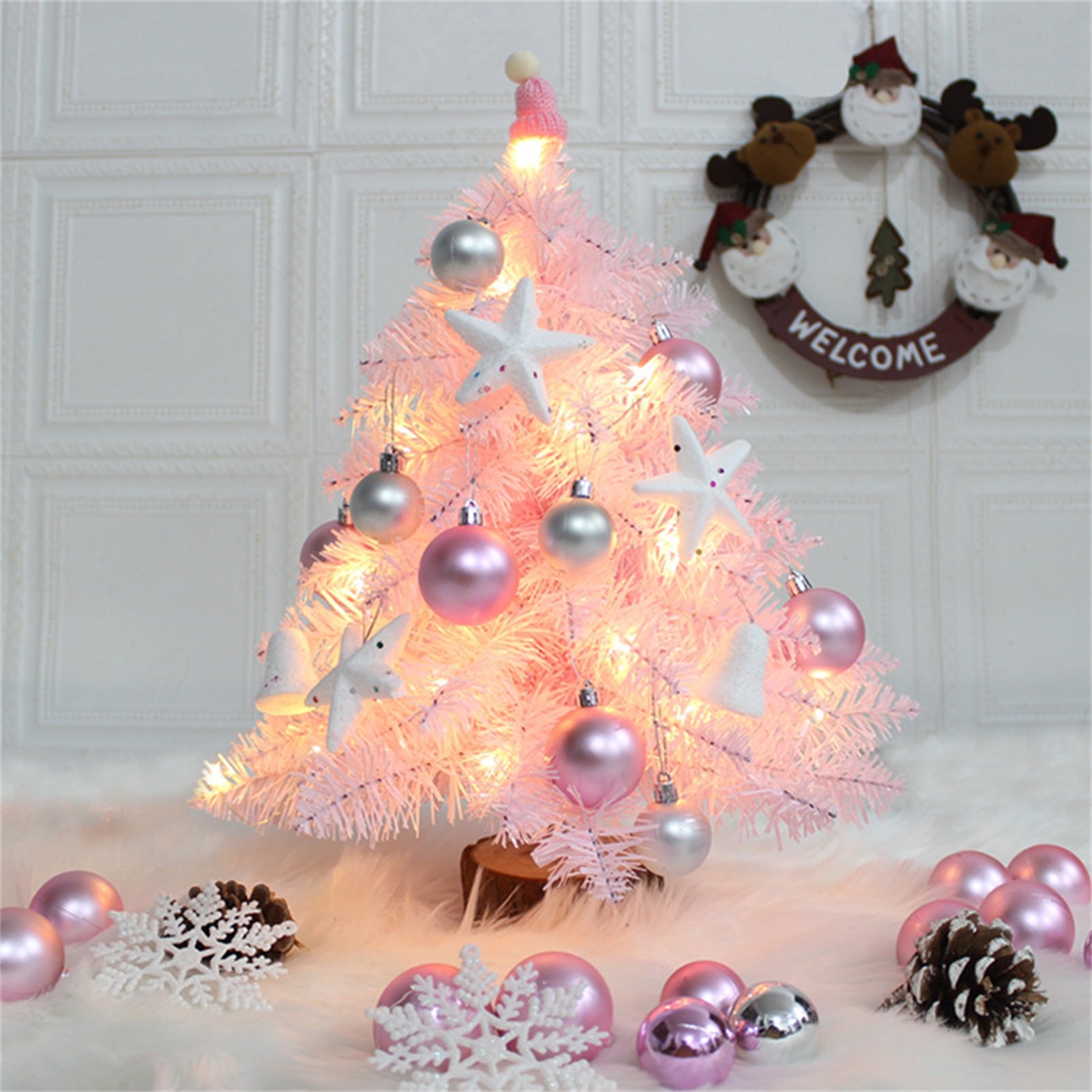 Künstlicher Rosa Weihnachtsbaum Mit Kugeln Und Led-lichtern, Mini-weihnachtsbaum Zur Weihnachtsdekoration Für Zuhause Und Esstisch.