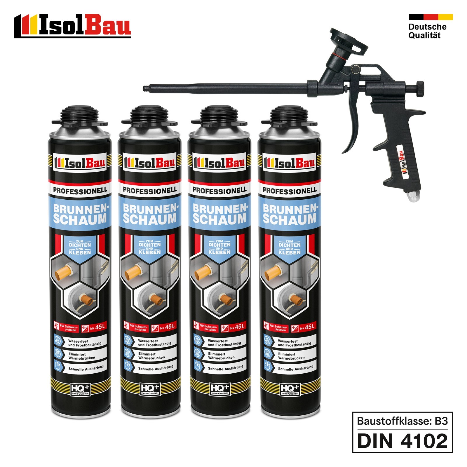 Brunnenschaum 4 X 750ml Bauschaum 1x Teflon Pistole Pistolenschaum Montageschaum