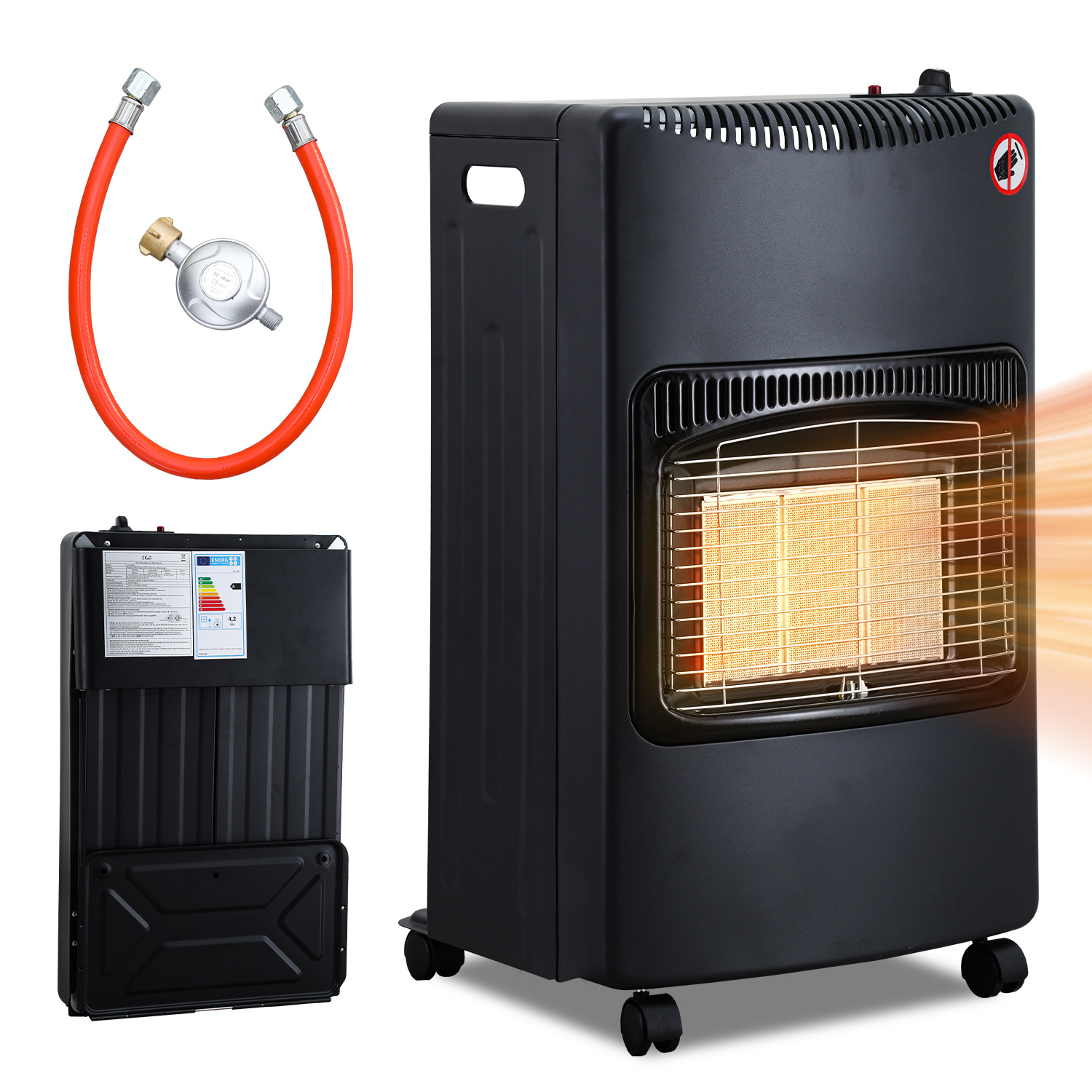 Jiubiaz Gasofen Keramik 4200 Watt Mit 3 Stufen, Sauerstoffmangelsicherung, Gasschlauch & Regler, 5 Rollen