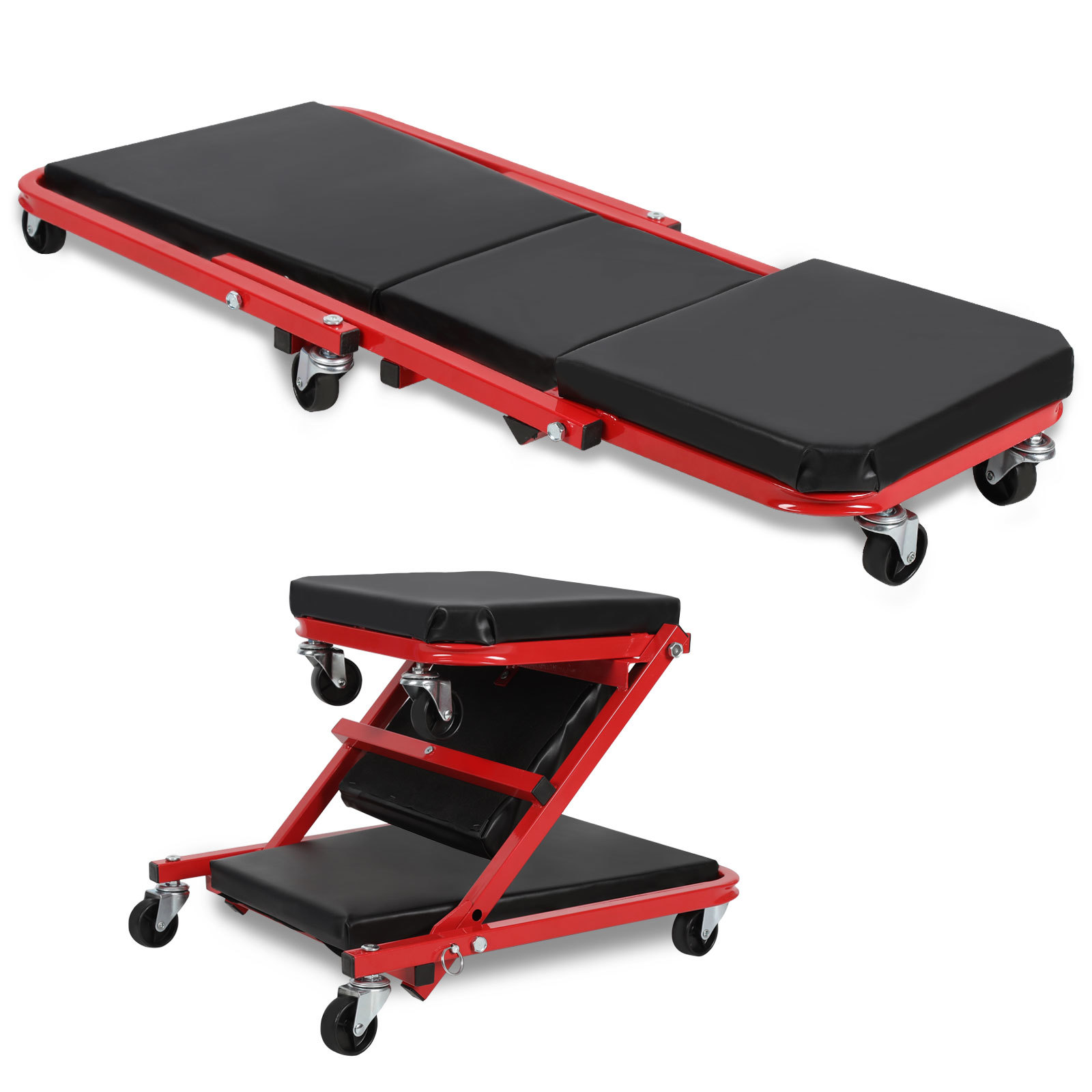 Jiubiaz Montagerollbrett 36 Zoll Klappbar, Auto Werkstattliege Mit Gepolstertem Sitz, 360° Rollen, 150 Kg Tragkraft, Schwarz-rot