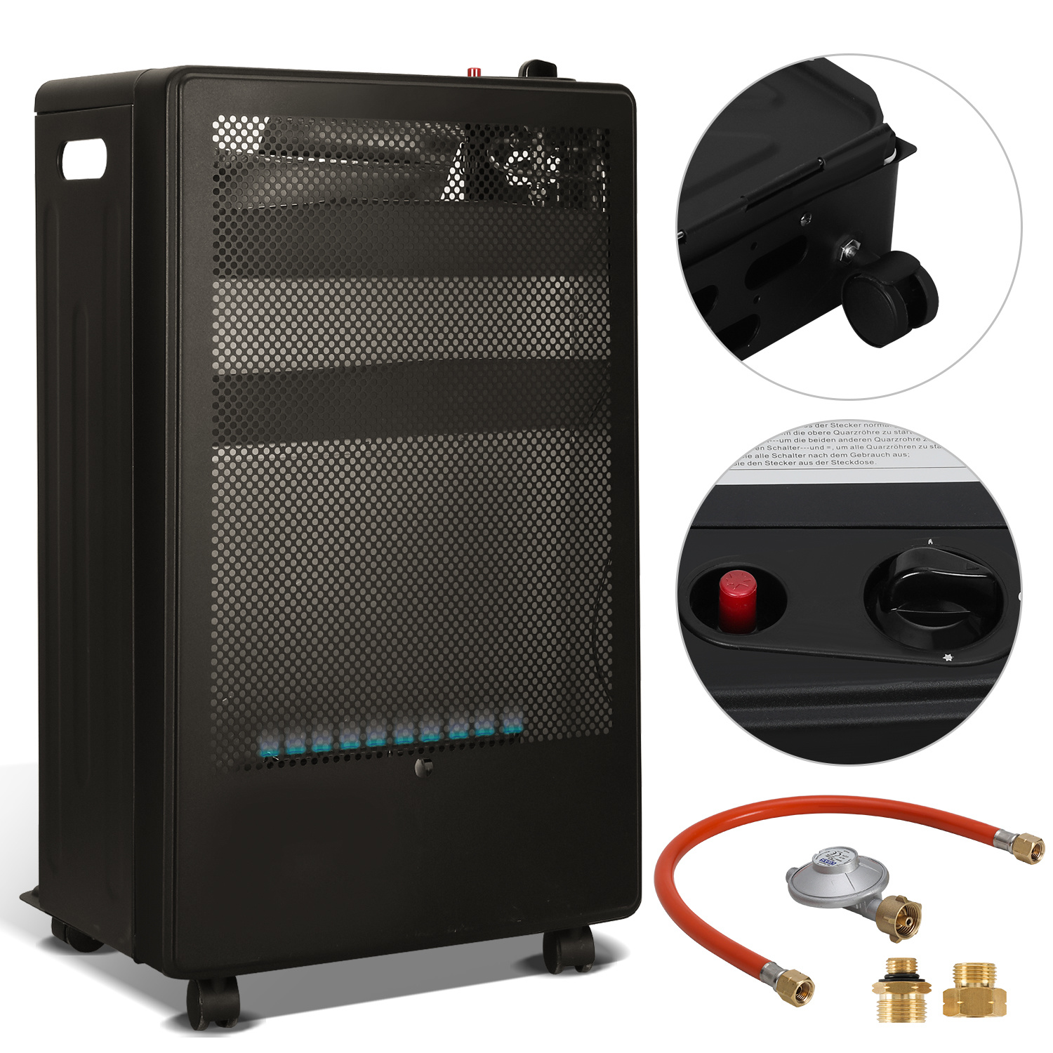 Jiubiaz Mobile Gasheizung Blue Flame, 2200 W/3800 W, Druckregler & Schlauch, 5 Lenkrollen, Inkl. 2 Eu-adaptern