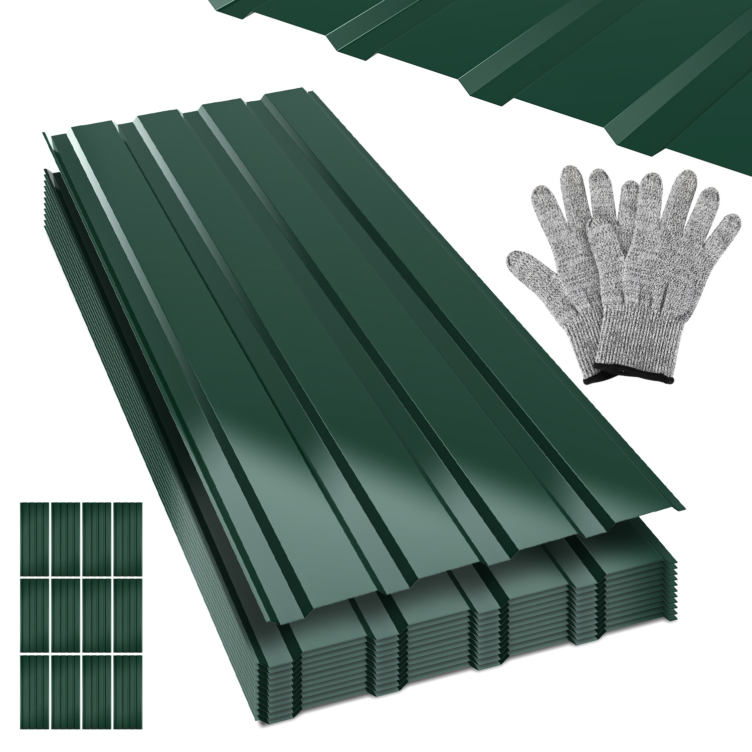 Jiubiaz Trapezblech Set 24-teilig, 115 X 45 Cm, Glatte Oberfläche, Grün, Ungebohrt, Inkl. Schnittschutzhandschuhe