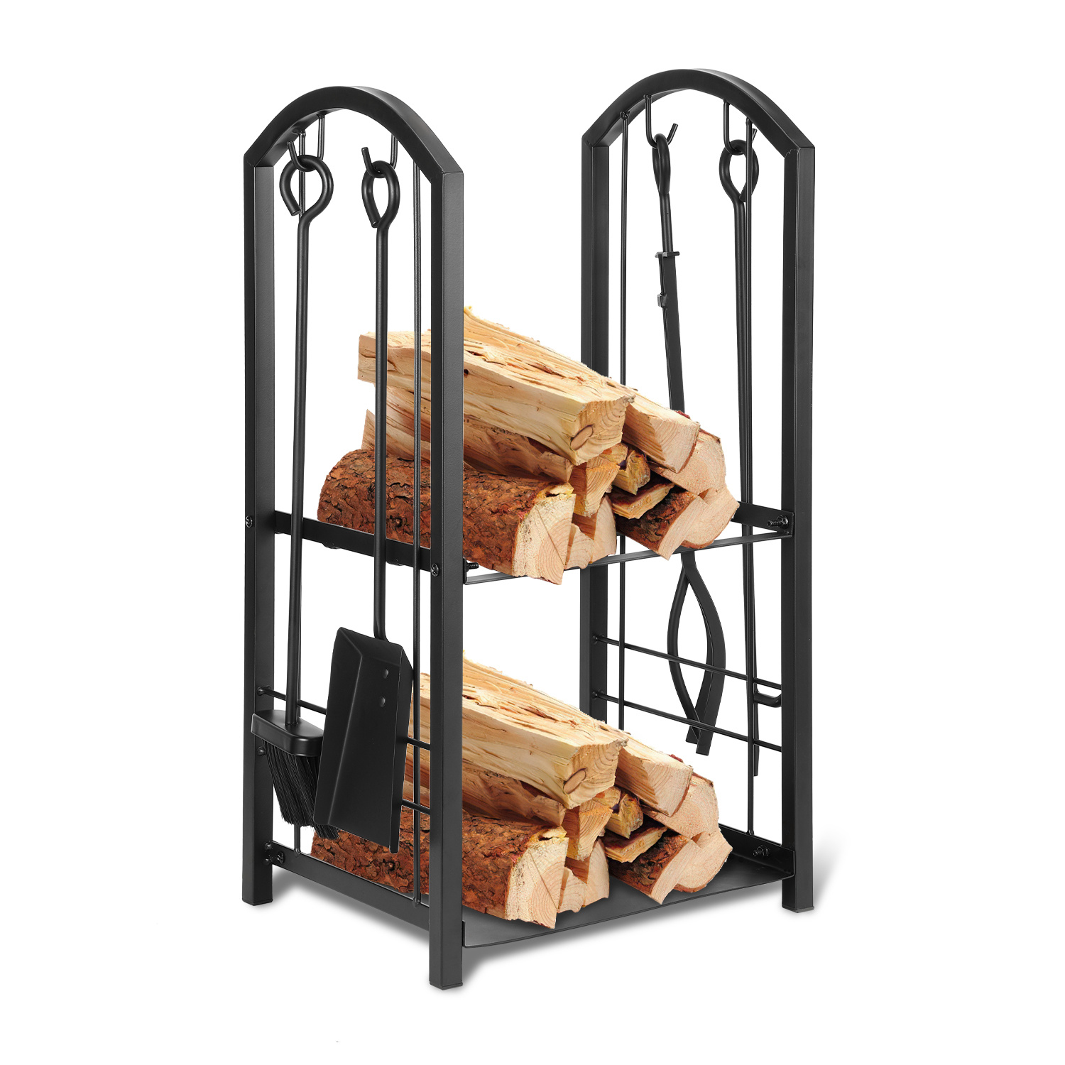 Jiubiaz Kaminholzregal Brennholzregal 2 Ebenen Mit 4-teiligem Kaminbesteck, Metall Schwarz, 37 X 33 X 74 Cm, Robust