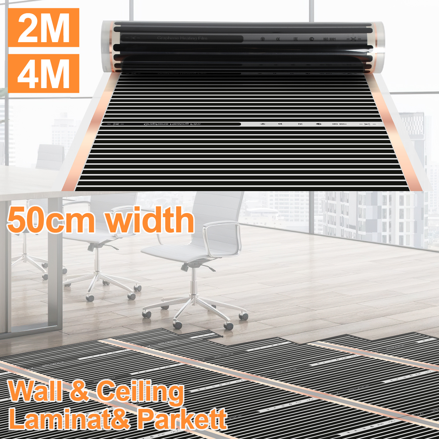 Jiubiaz Heizfolie 2 Stück,220 W/m²,für 2 M²,elektrische Fußbodenheizung,je 2 X 0,5 M,0,338 Mm,schwarz,mit Anschlusszubehör