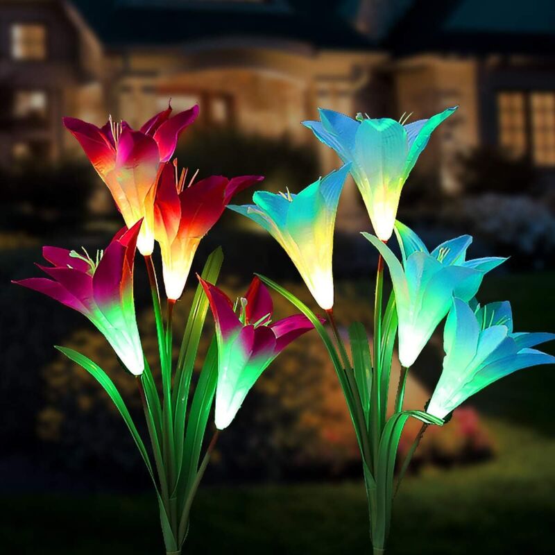 Jssevn - Solarbetriebene Gartenleuchte Mit 2 Mehrfarbigen Lilienmotiven – Wasserdicht Nach Schutzart Ip65 – Polykristallines Solarpanel – 8 Stunden Leuchtdauer