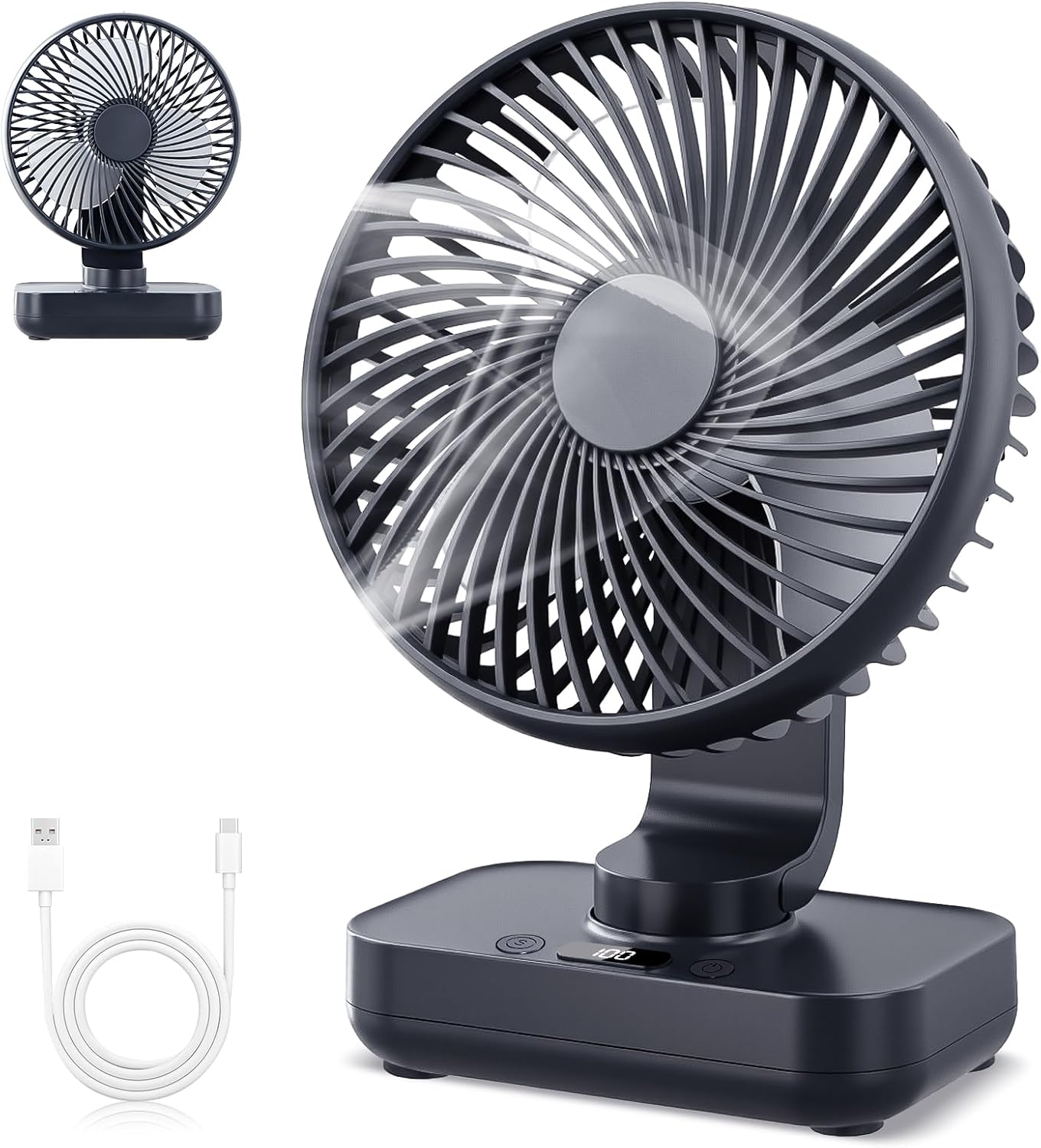 Jssevn - Leiser Mini-tischventilator, 120°-oszillation, 4 Geschwindigkeitsstufen, Kleiner, Leistungsstarker Tischventilator, 4000-mah-akku, Usb-c-aufladbar (schwarz)