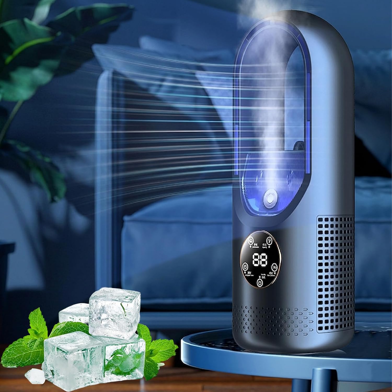 Jssevn - Elektrischer Ventilator Ohne Rotorblätter Mit 6 Geschwindigkeitsstufen, Licht, Tragbarer Klimaventilator, Leiser Tischventilator, Mit Timer